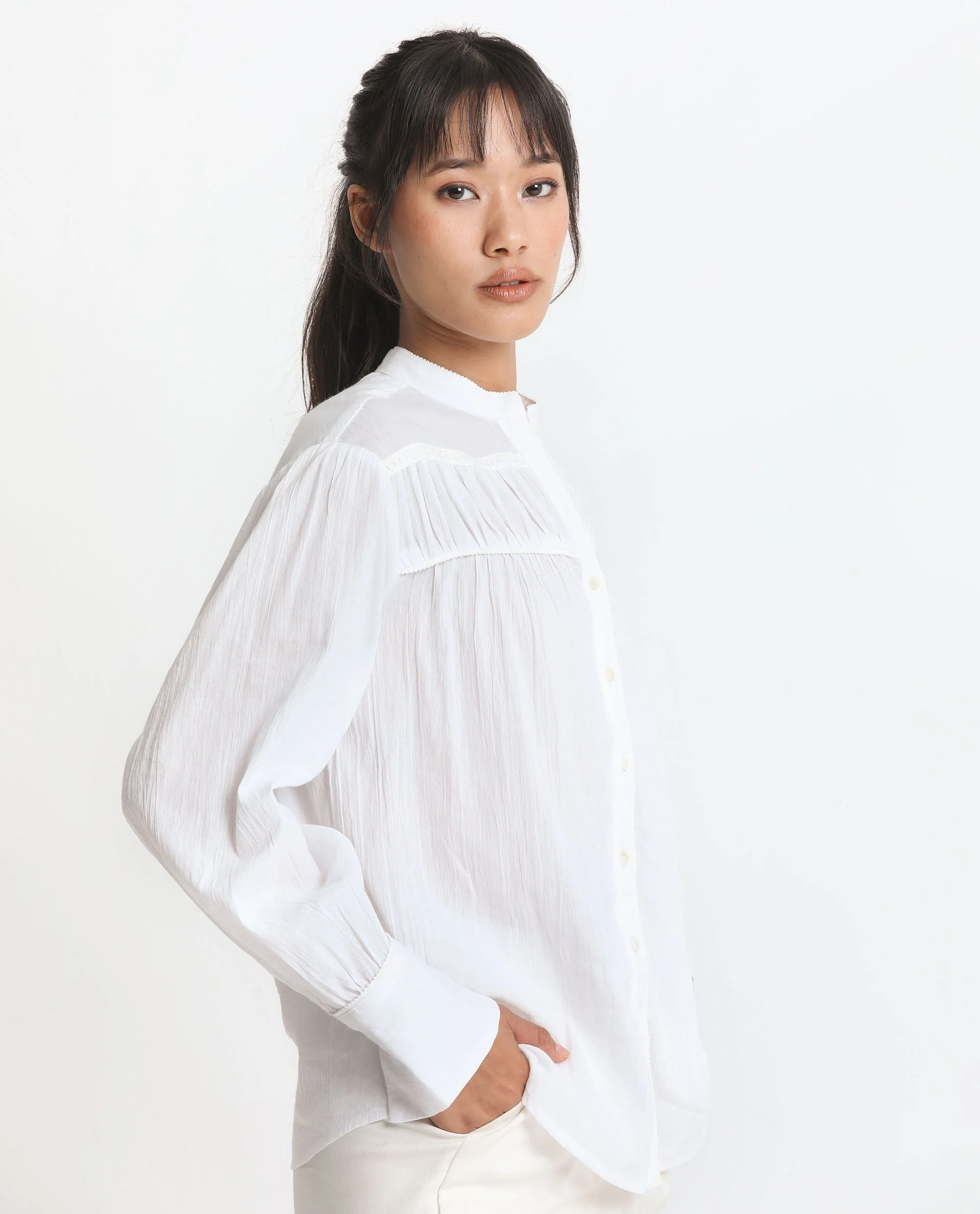 Rareism Women's Stern White Cotton Mandarin Collar Plain Bishop Sleeve Relaxed Fit Top - Image 10