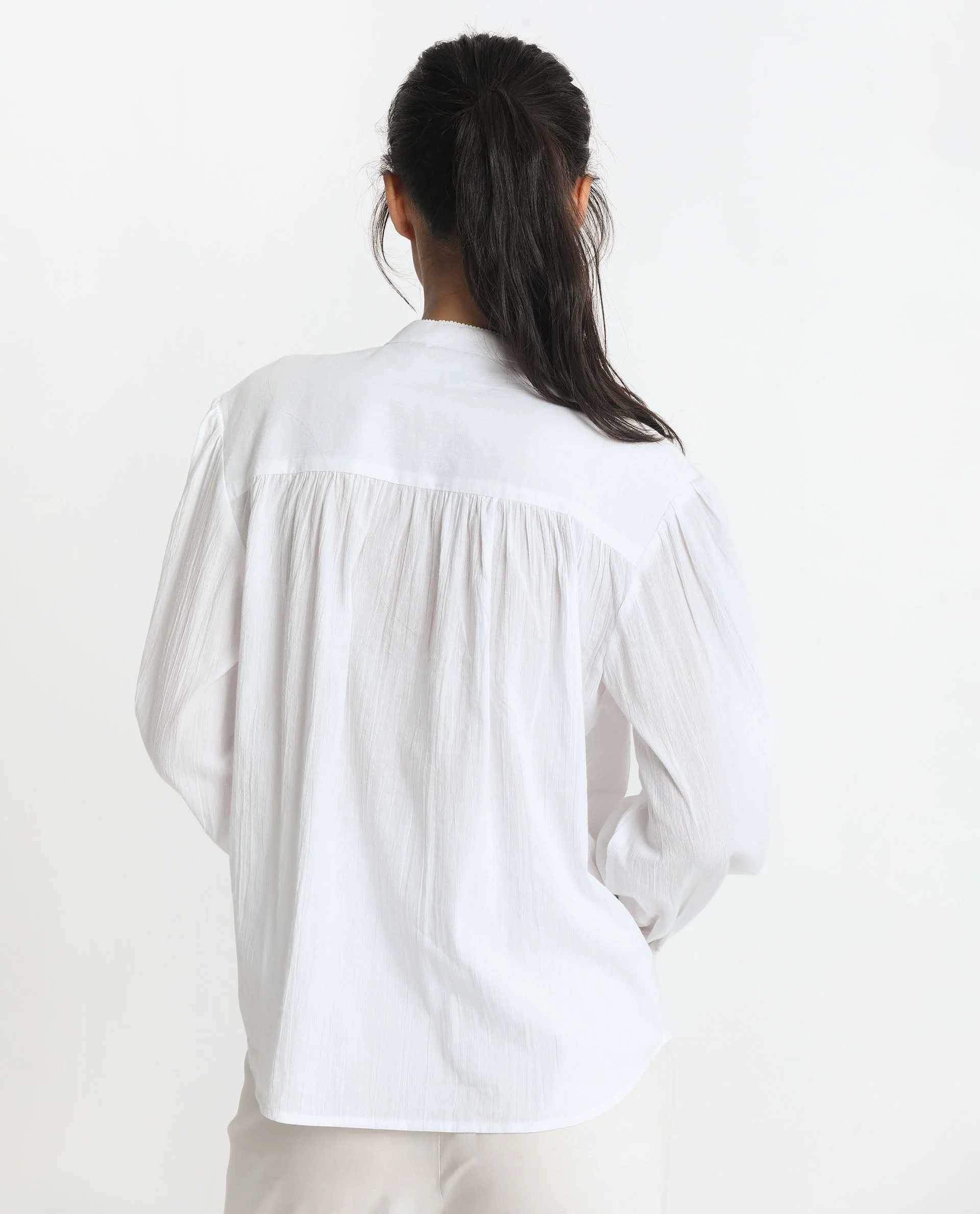 Rareism Women's Stern White Cotton Mandarin Collar Plain Bishop Sleeve Relaxed Fit Top - Image 11