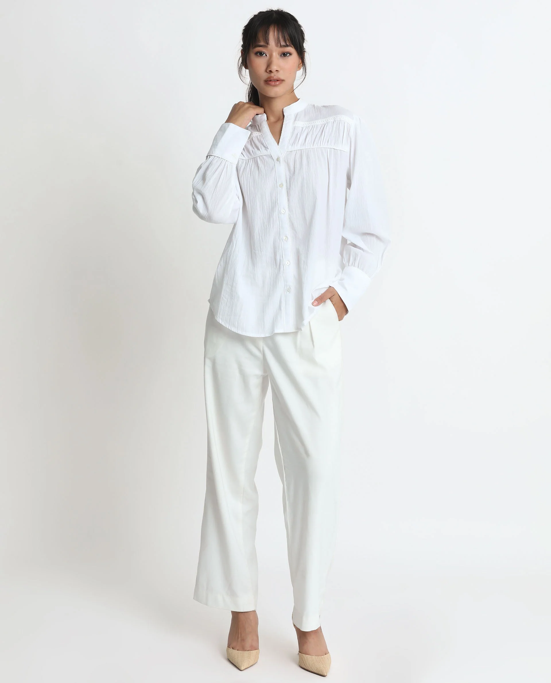 Rareism Women's Stern White Cotton Mandarin Collar Plain Bishop Sleeve Relaxed Fit Top - Image 2