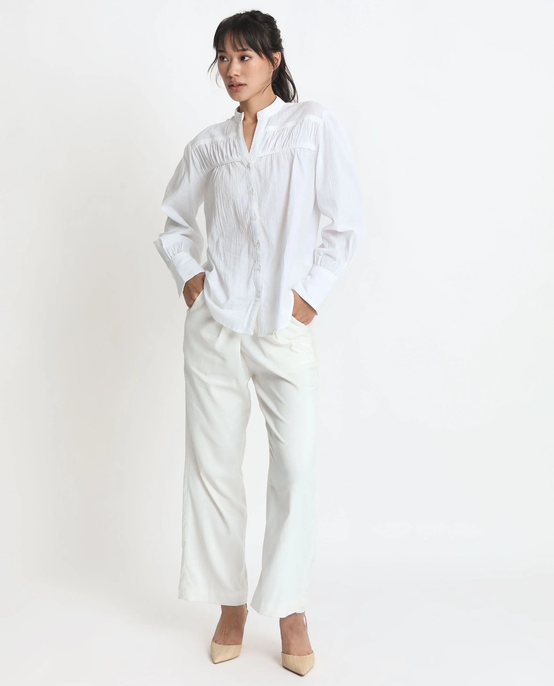 Rareism Women's Stern White Cotton Mandarin Collar Plain Bishop Sleeve Relaxed Fit Top - Image 3