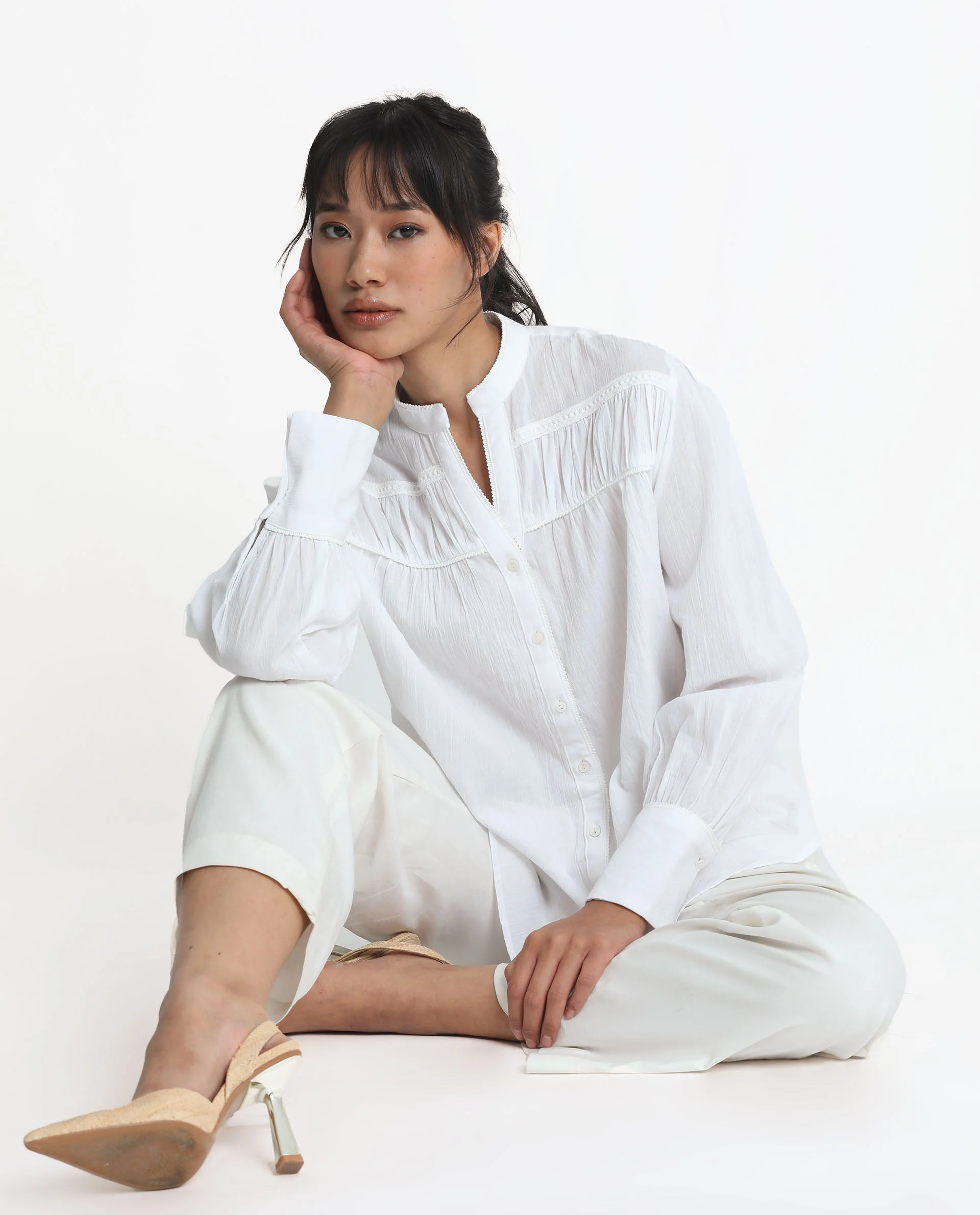 Rareism Women's Stern White Cotton Mandarin Collar Plain Bishop Sleeve Relaxed Fit Top - Image 4