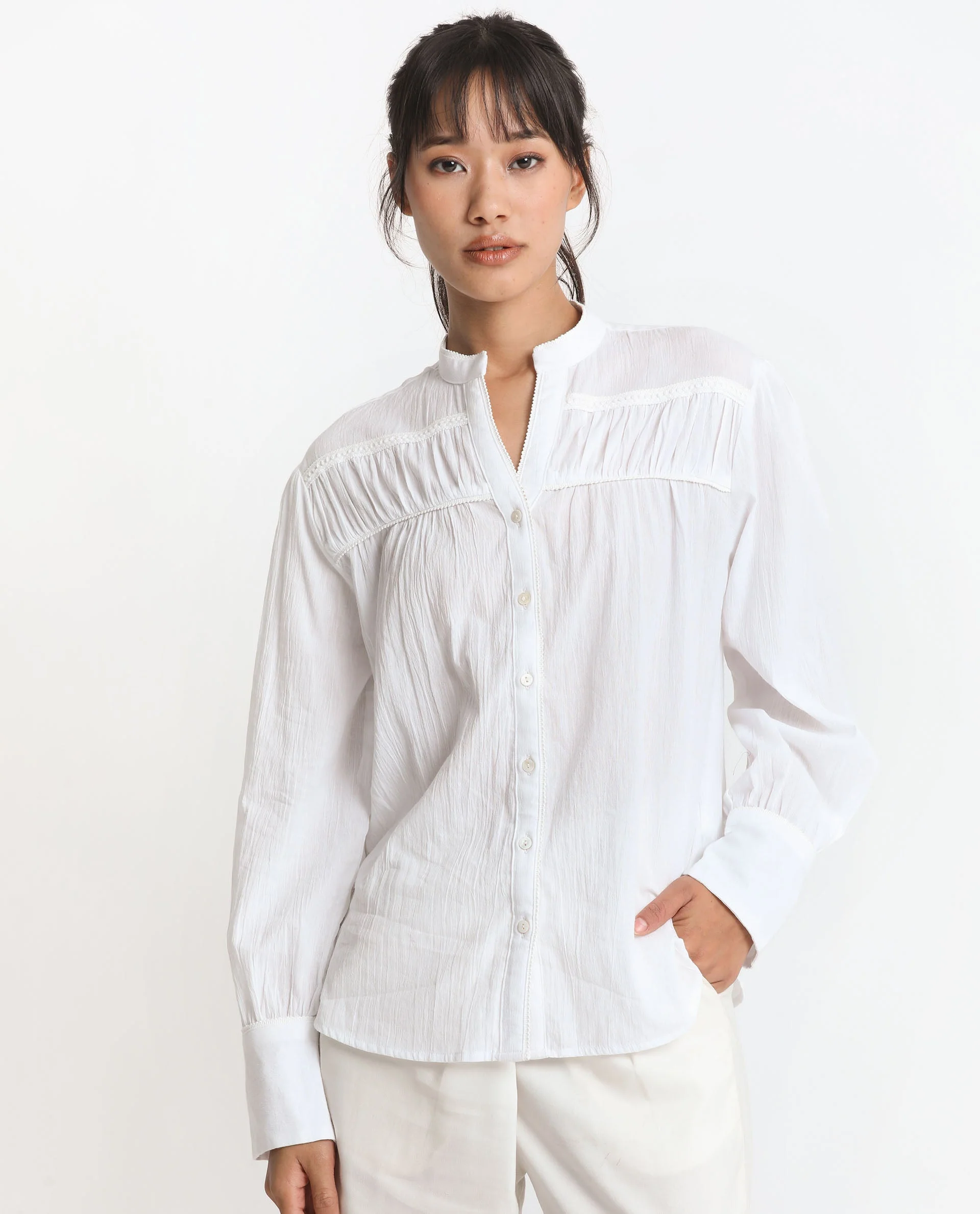 Rareism Women's Stern White Cotton Mandarin Collar Plain Bishop Sleeve Relaxed Fit Top - Image 5