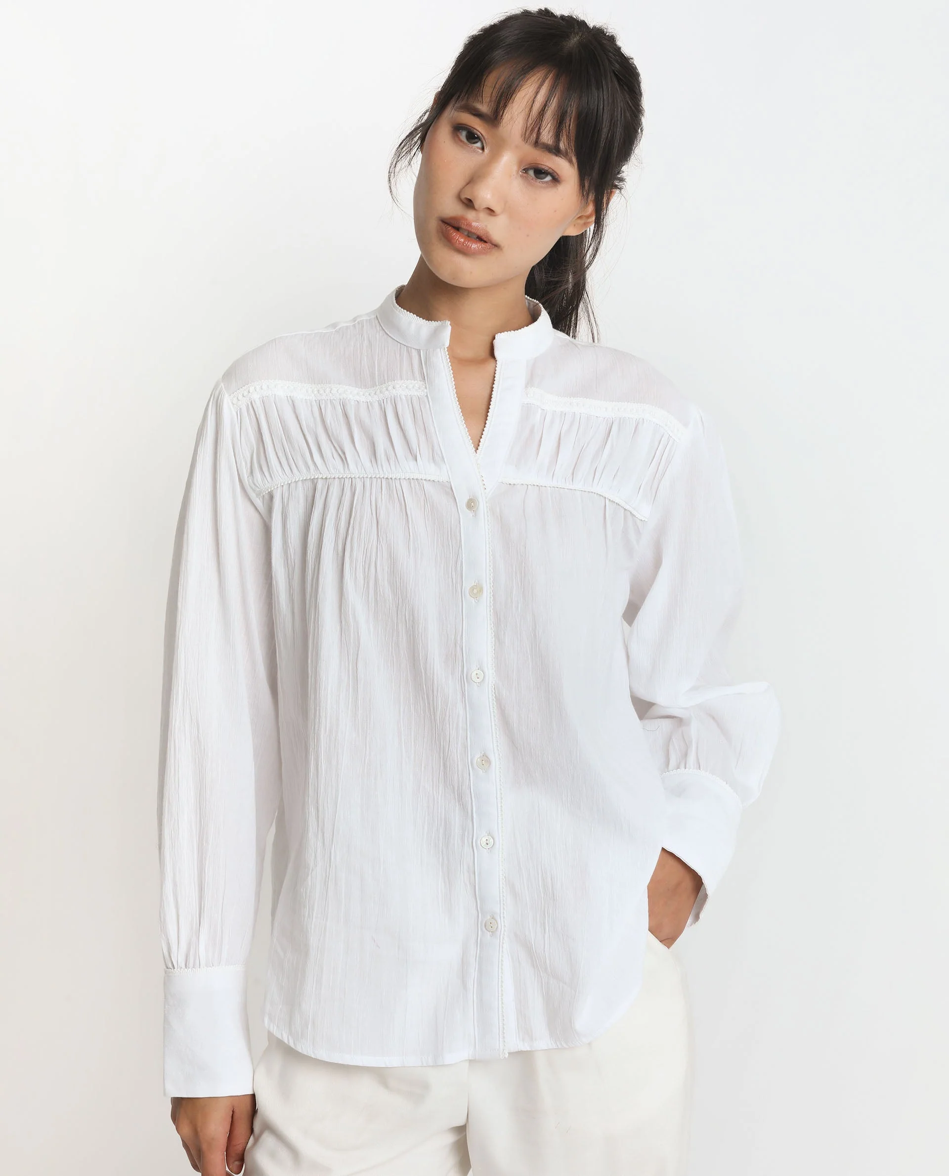 Rareism Women's Stern White Cotton Mandarin Collar Plain Bishop Sleeve Relaxed Fit Top - Image 6