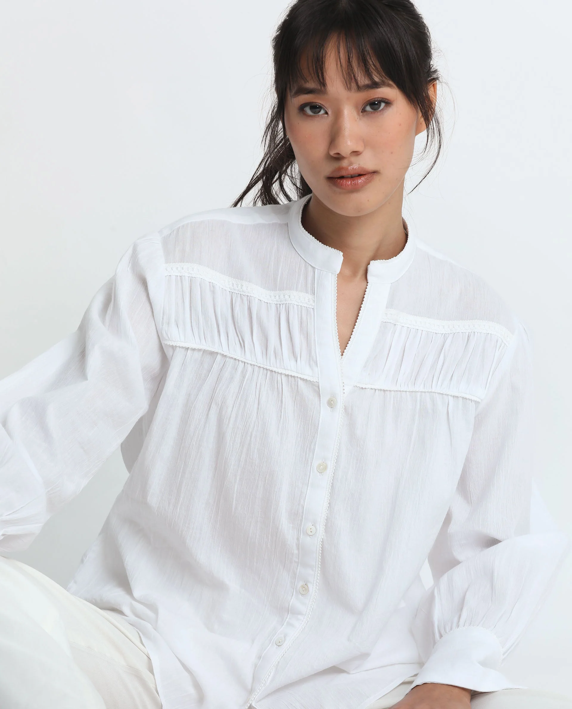 Rareism Women's Stern White Cotton Mandarin Collar Plain Bishop Sleeve Relaxed Fit Top - Image 7
