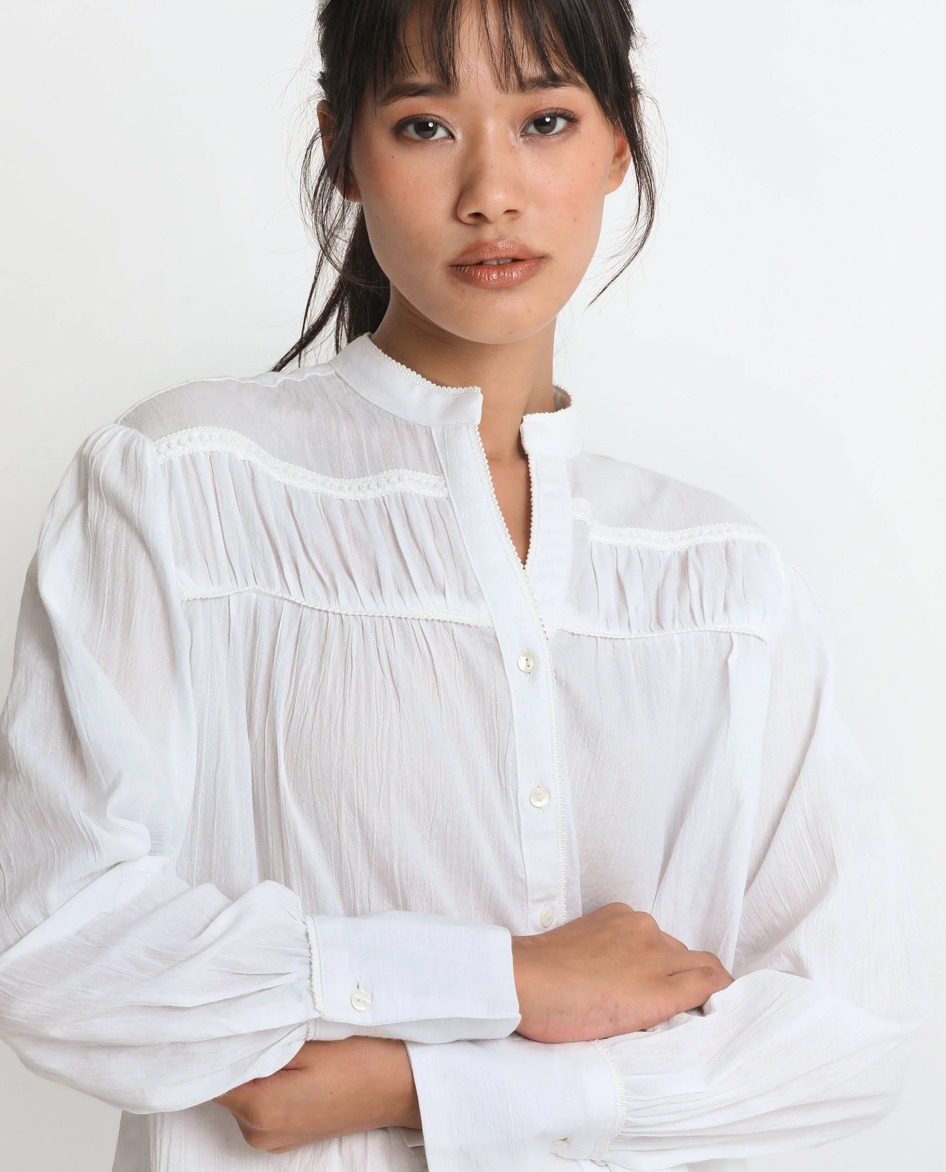 Rareism Women's Stern White Cotton Mandarin Collar Plain Bishop Sleeve Relaxed Fit Top - Image 8