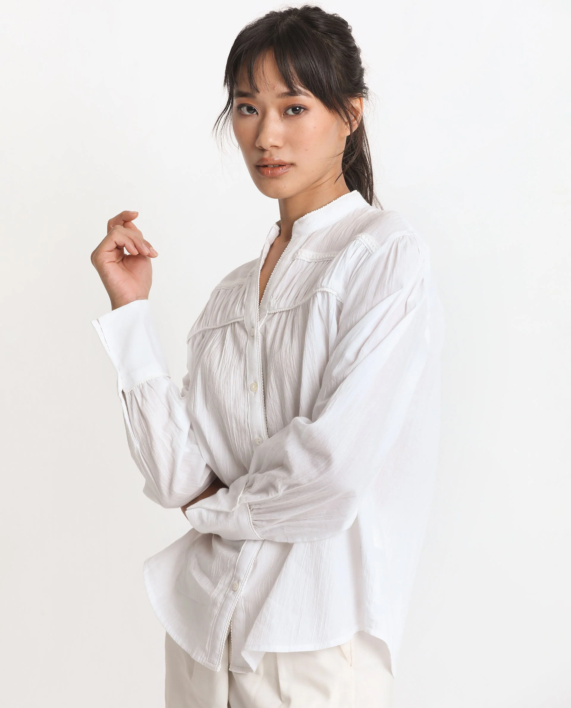 Rareism Women's Stern White Cotton Mandarin Collar Plain Bishop Sleeve Relaxed Fit Top - Image 9