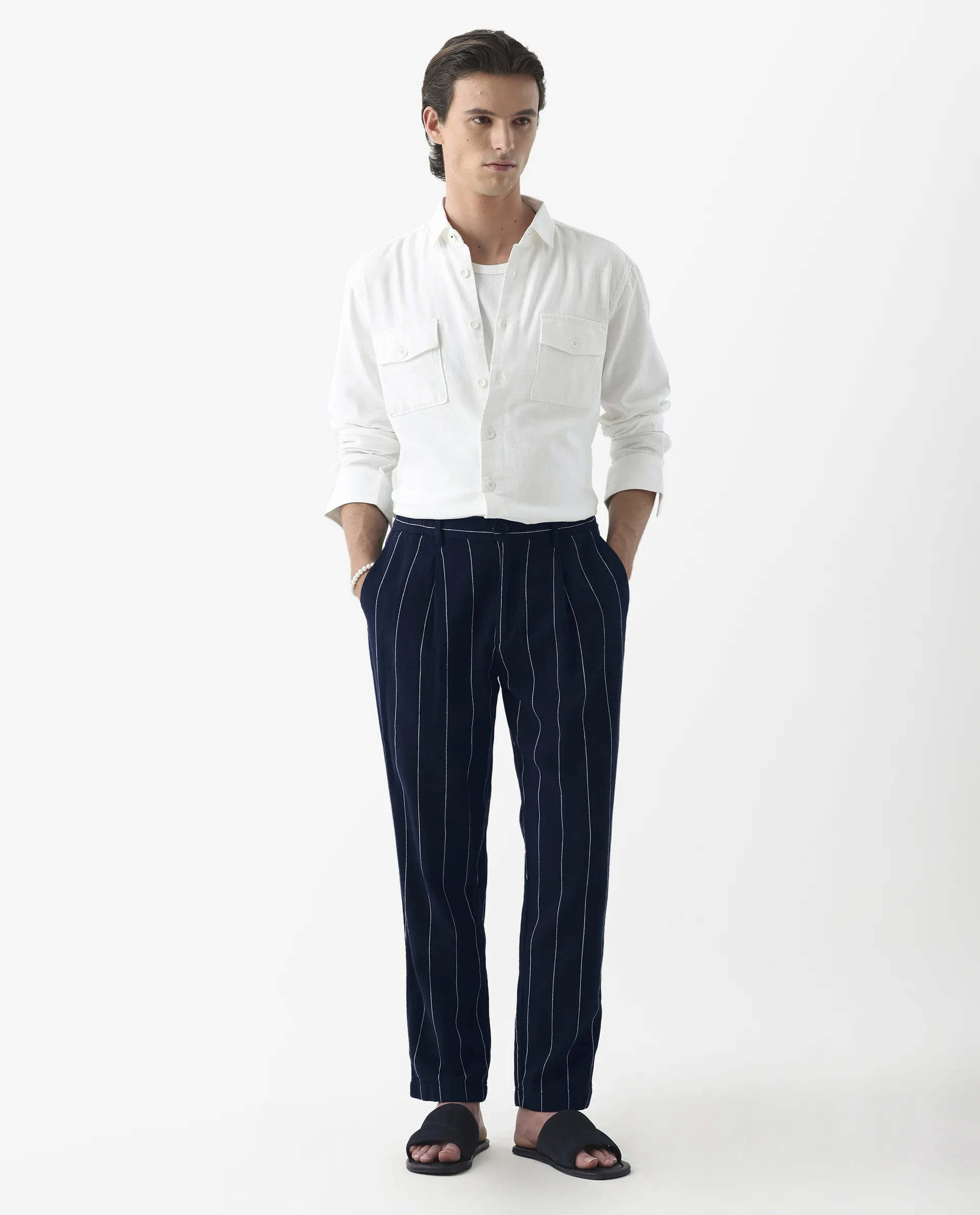 Rare Rabbit Men's Stet Navy Cotton Blend Striped Print Relaxed Fit Trouser