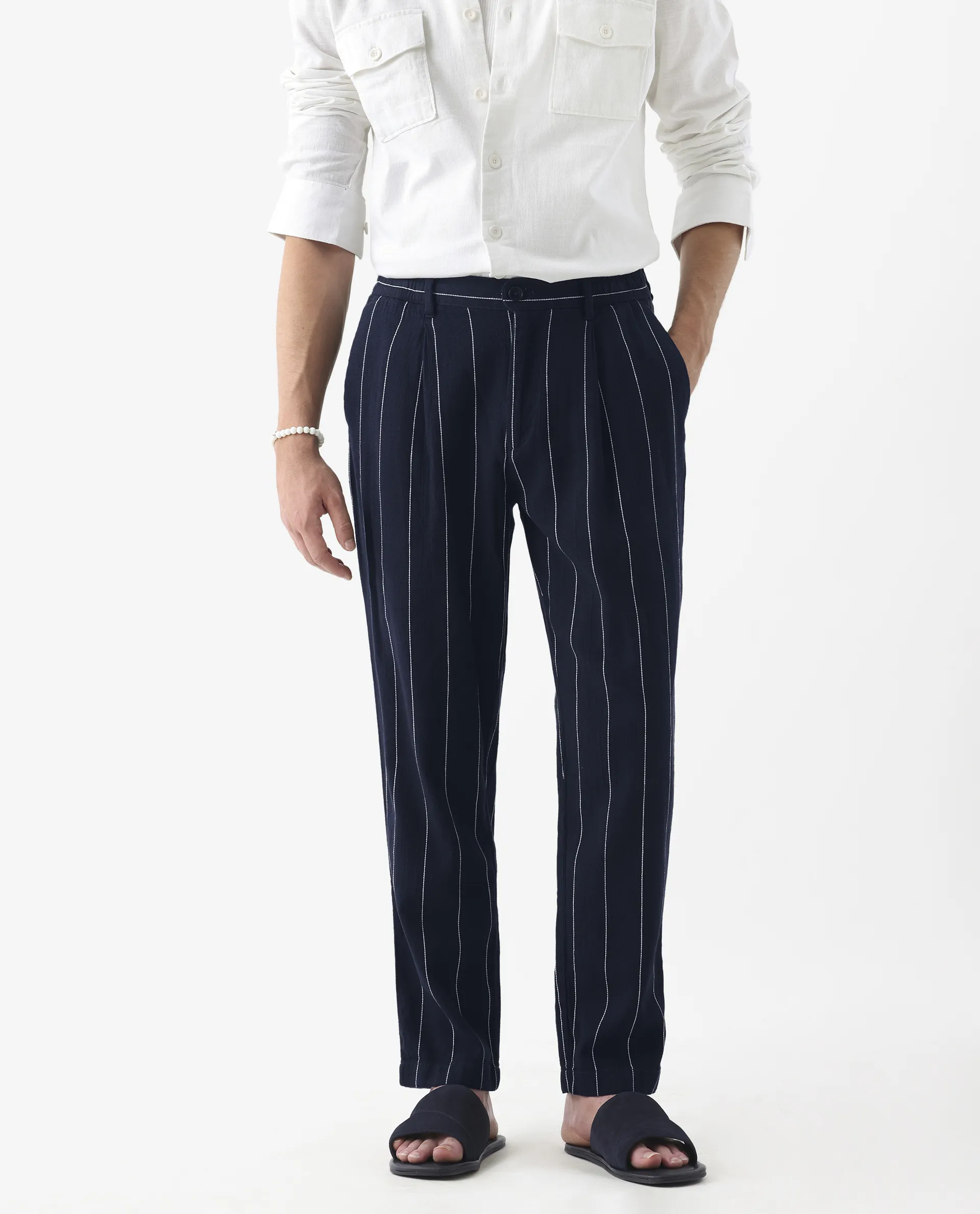 Rare Rabbit Men's Stet Navy Cotton Blend Striped Print Relaxed Fit Trouser - Image 2