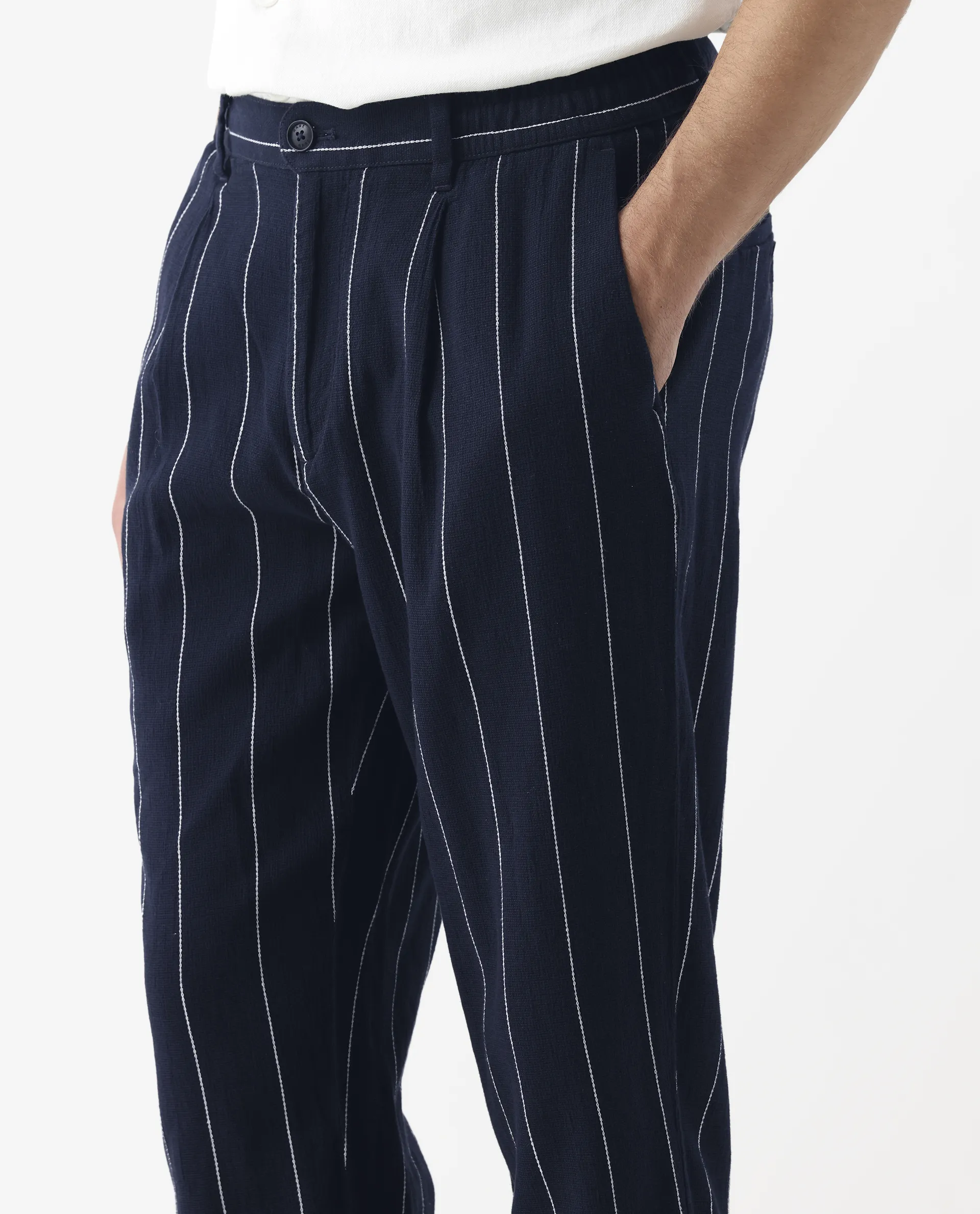 Rare Rabbit Men's Stet Navy Cotton Blend Striped Print Relaxed Fit Trouser - Image 3