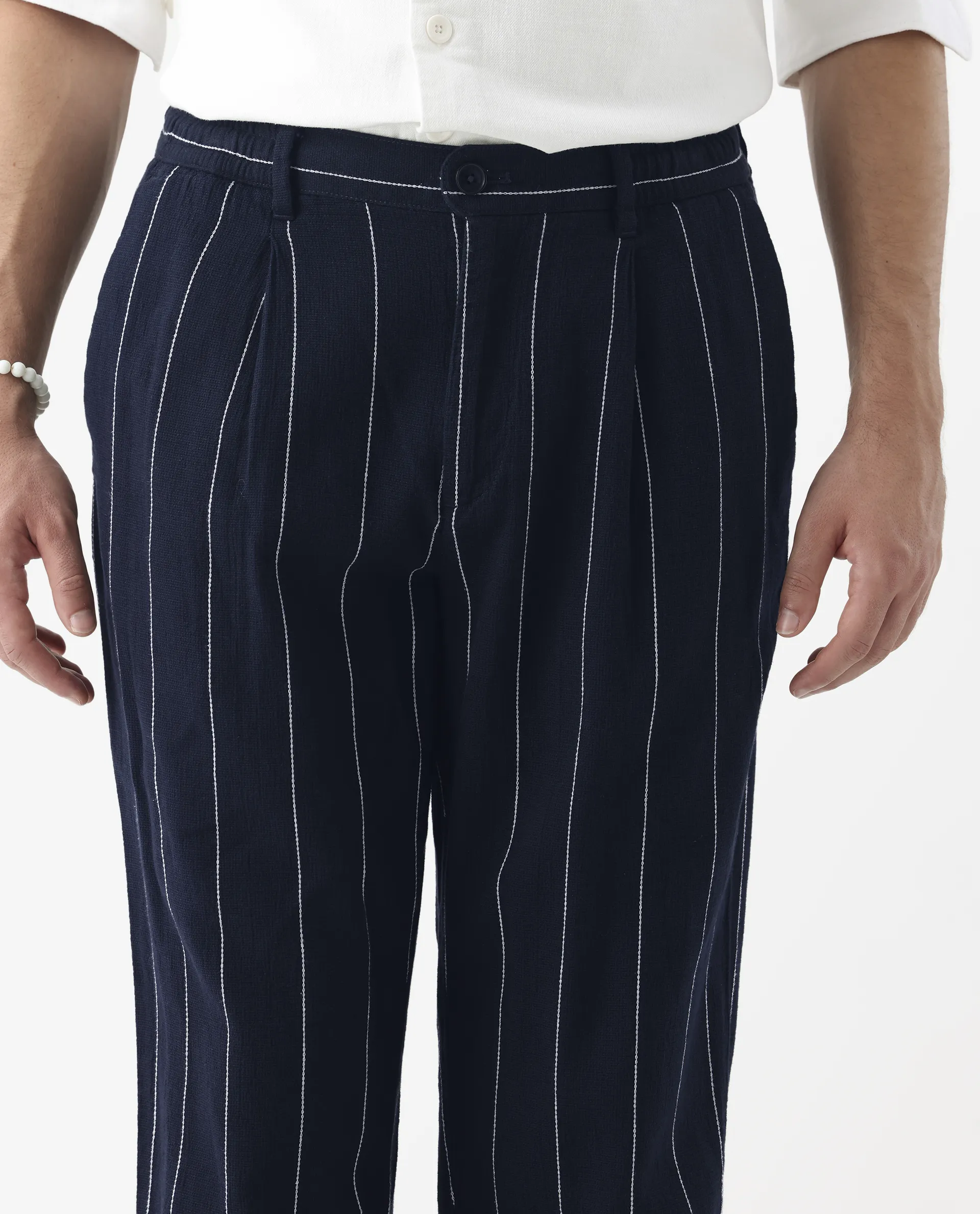 Rare Rabbit Men's Stet Navy Cotton Blend Striped Print Relaxed Fit Trouser - Image 4