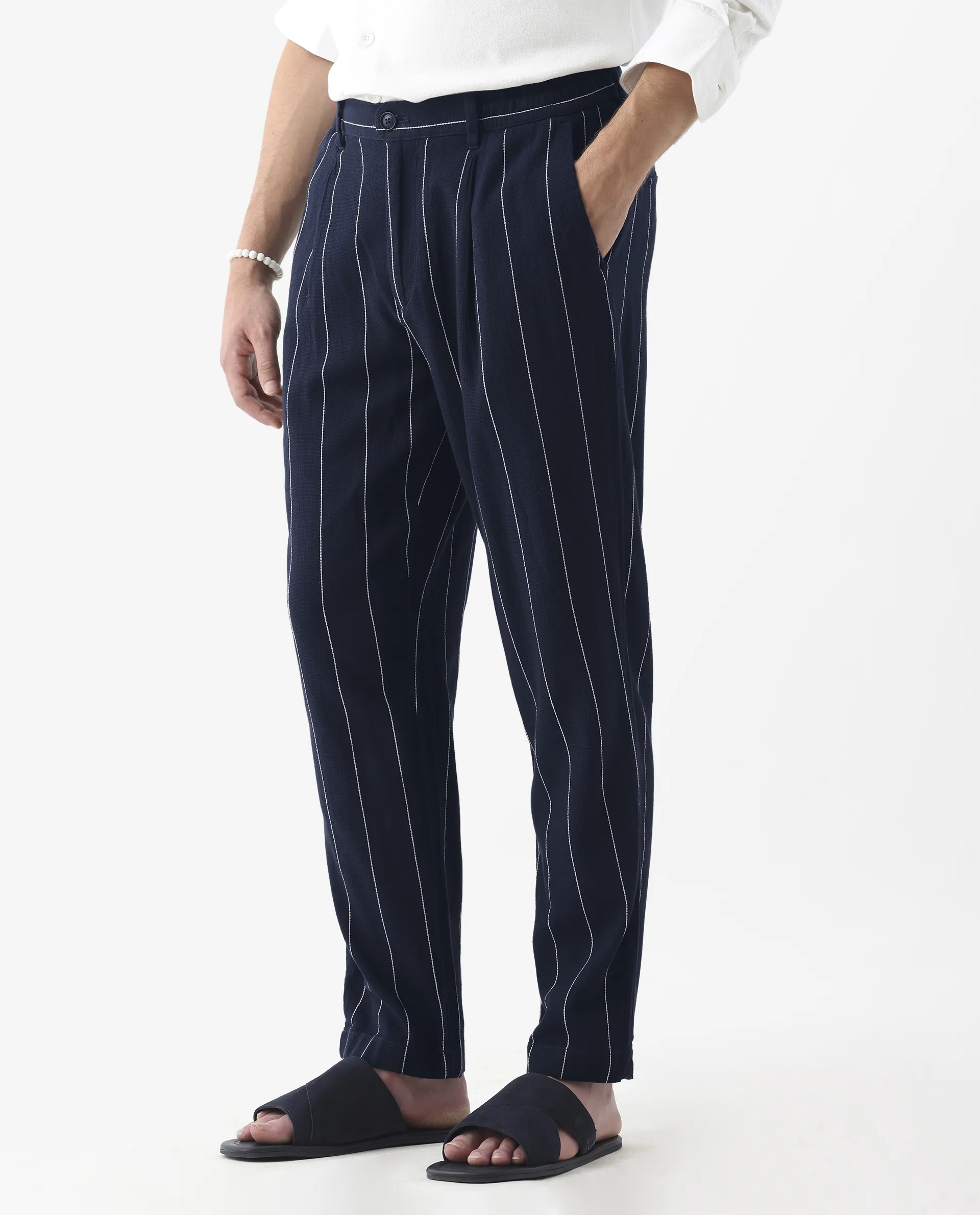 Rare Rabbit Men's Stet Navy Cotton Blend Striped Print Relaxed Fit Trouser - Image 5