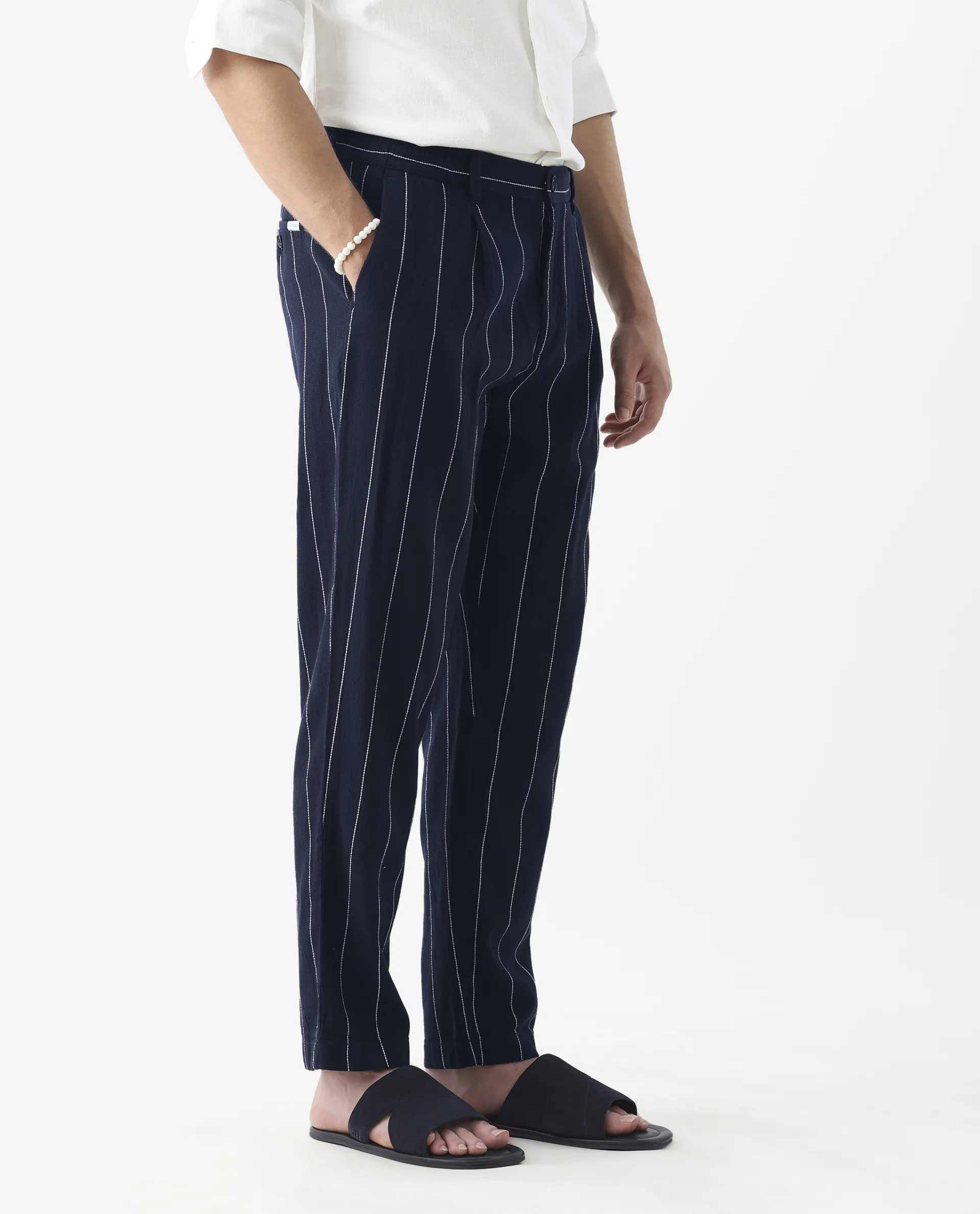 Rare Rabbit Men's Stet Navy Cotton Blend Striped Print Relaxed Fit Trouser - Image 6