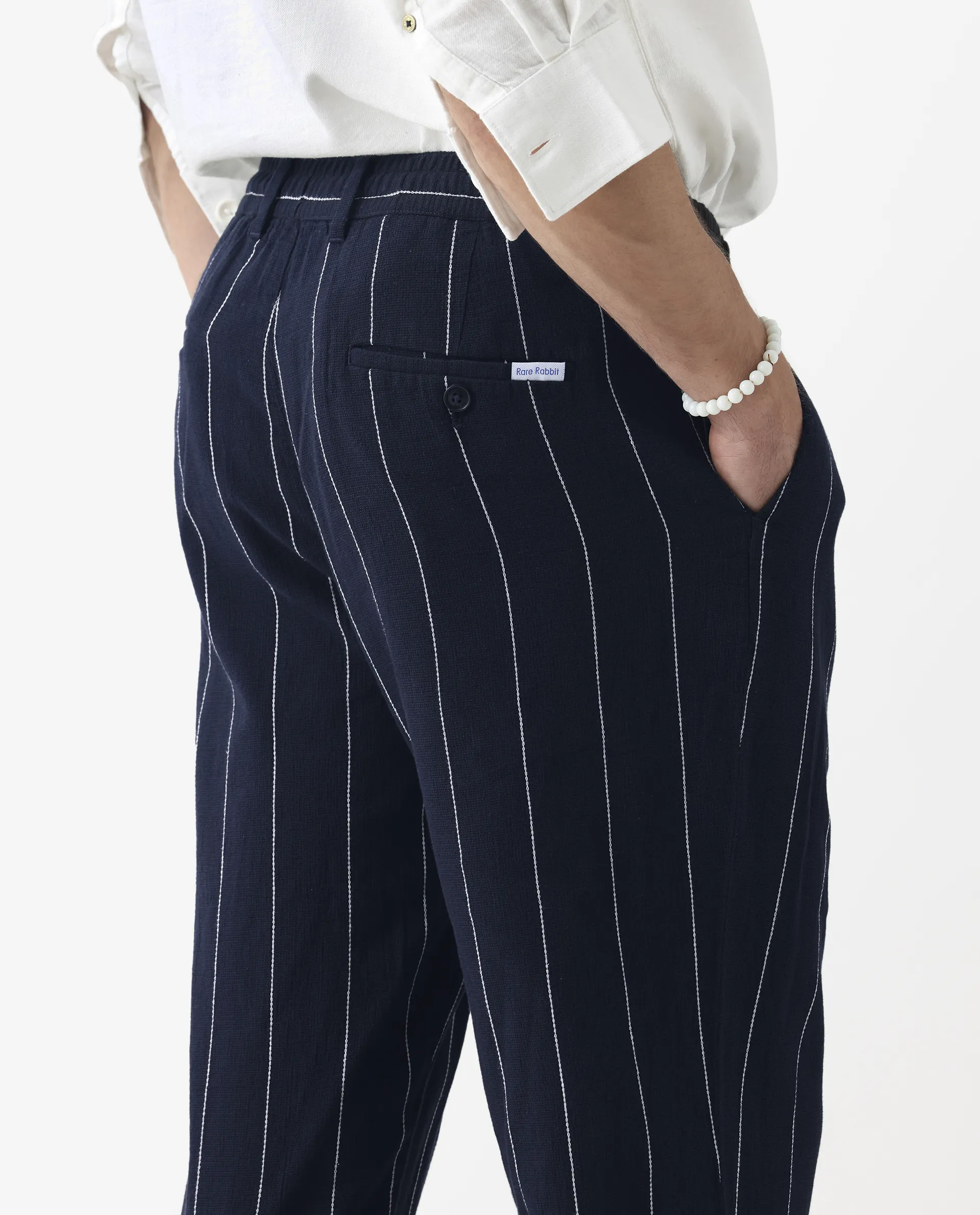 Rare Rabbit Men's Stet Navy Cotton Blend Striped Print Relaxed Fit Trouser - Image 7