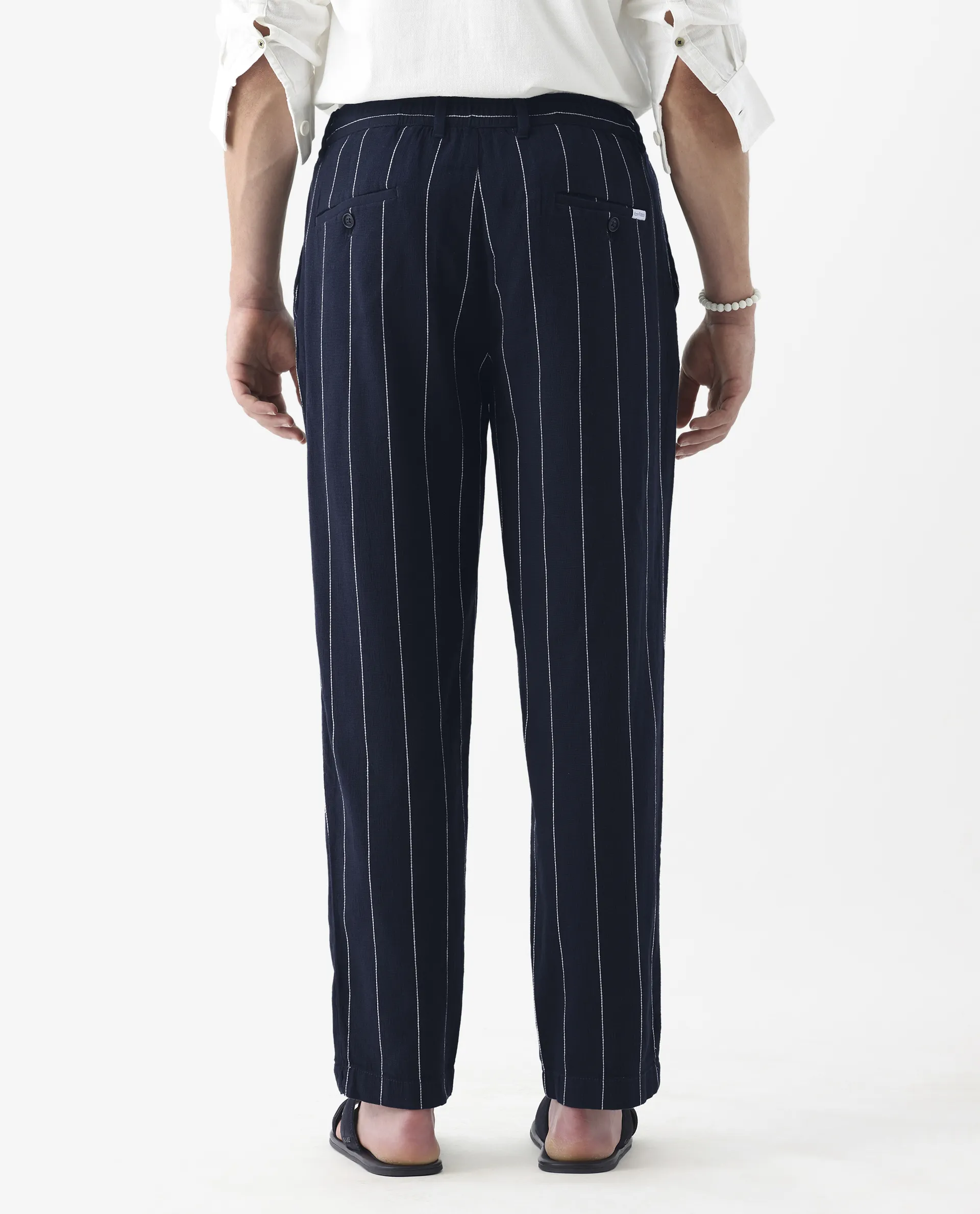 Rare Rabbit Men's Stet Navy Cotton Blend Striped Print Relaxed Fit Trouser - Image 8