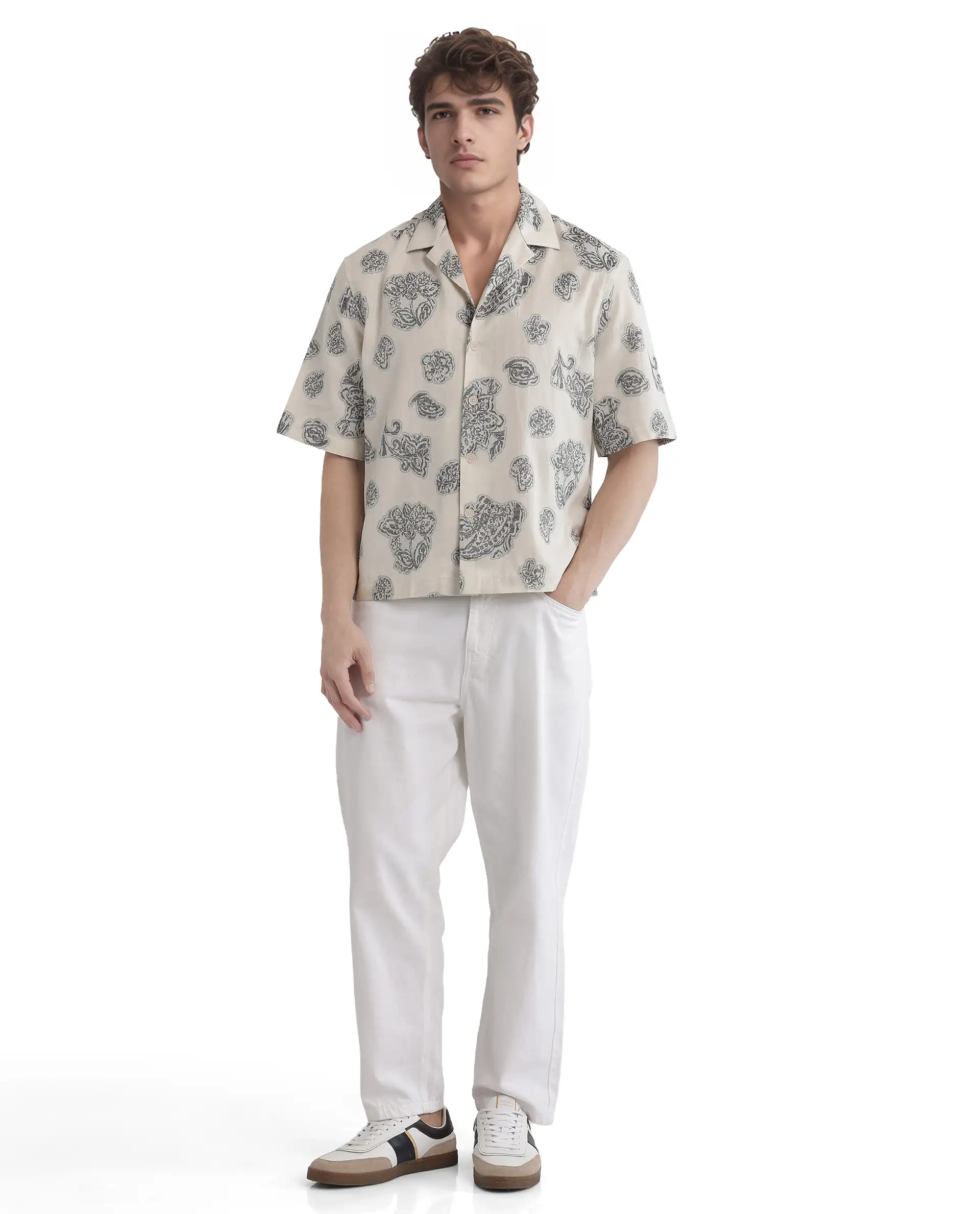 Rare Rabbit Men's Steve Black Cotton Blend Jacquard Boxy Fit Half Sleeve Cuban Collar Shirt - Image 2