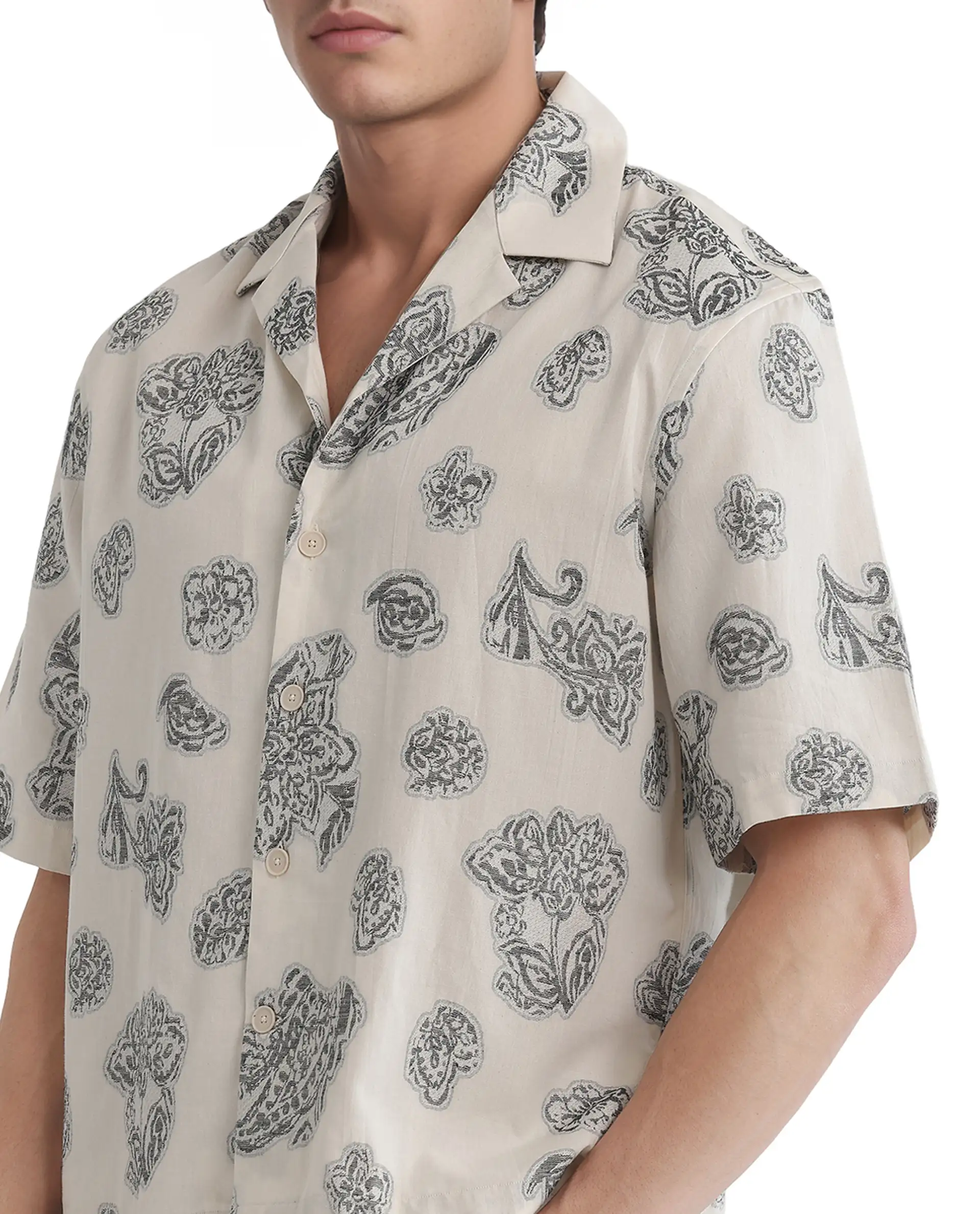 Rare Rabbit Men's Steve Black Cotton Blend Jacquard Boxy Fit Half Sleeve Cuban Collar Shirt - Image 3