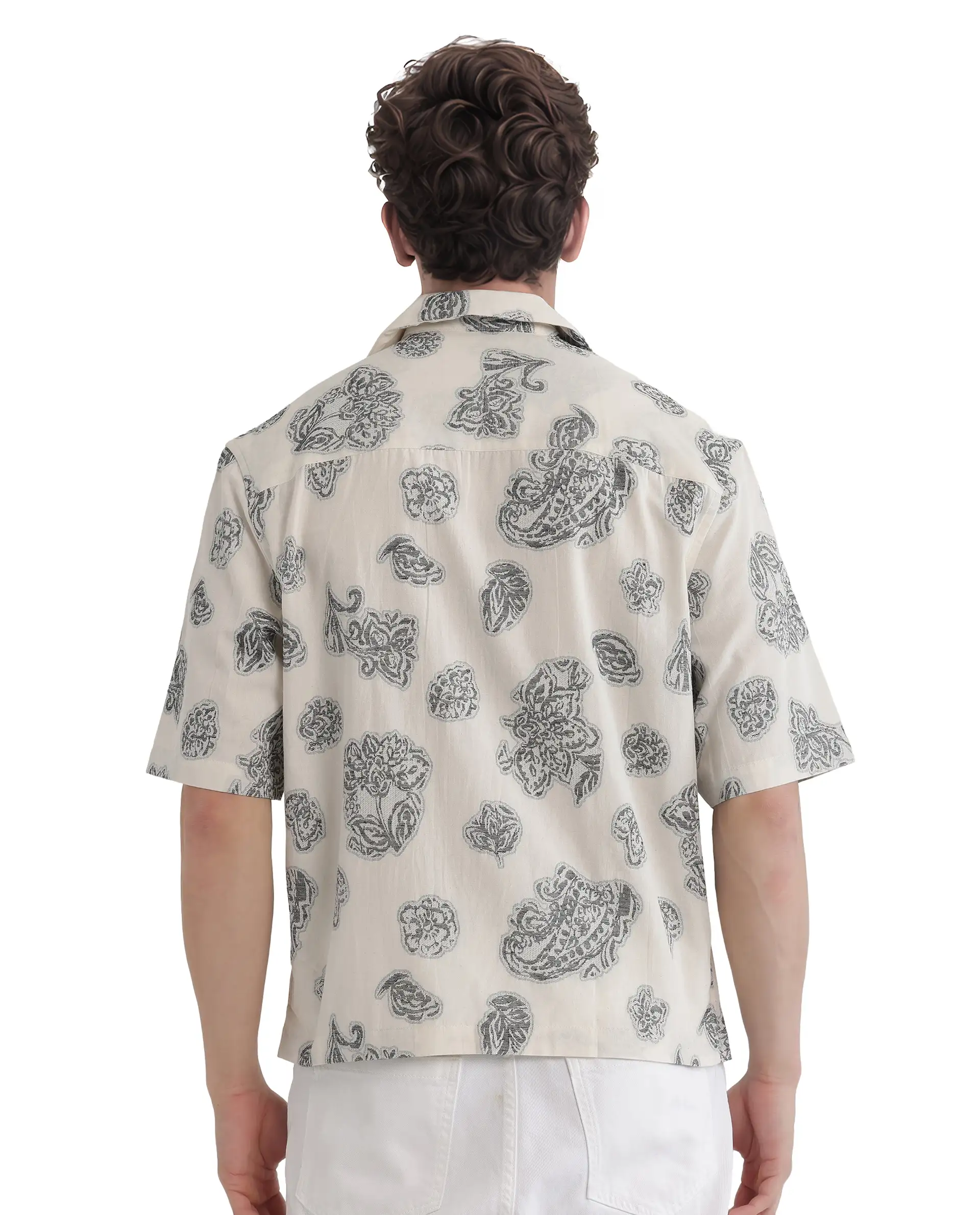 Rare Rabbit Men's Steve Black Cotton Blend Jacquard Boxy Fit Half Sleeve Cuban Collar Shirt - Image 4