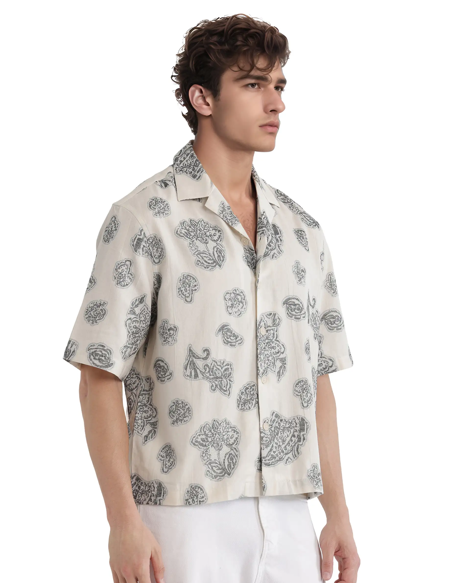 Rare Rabbit Men's Steve Black Cotton Blend Jacquard Boxy Fit Half Sleeve Cuban Collar Shirt - Image 6