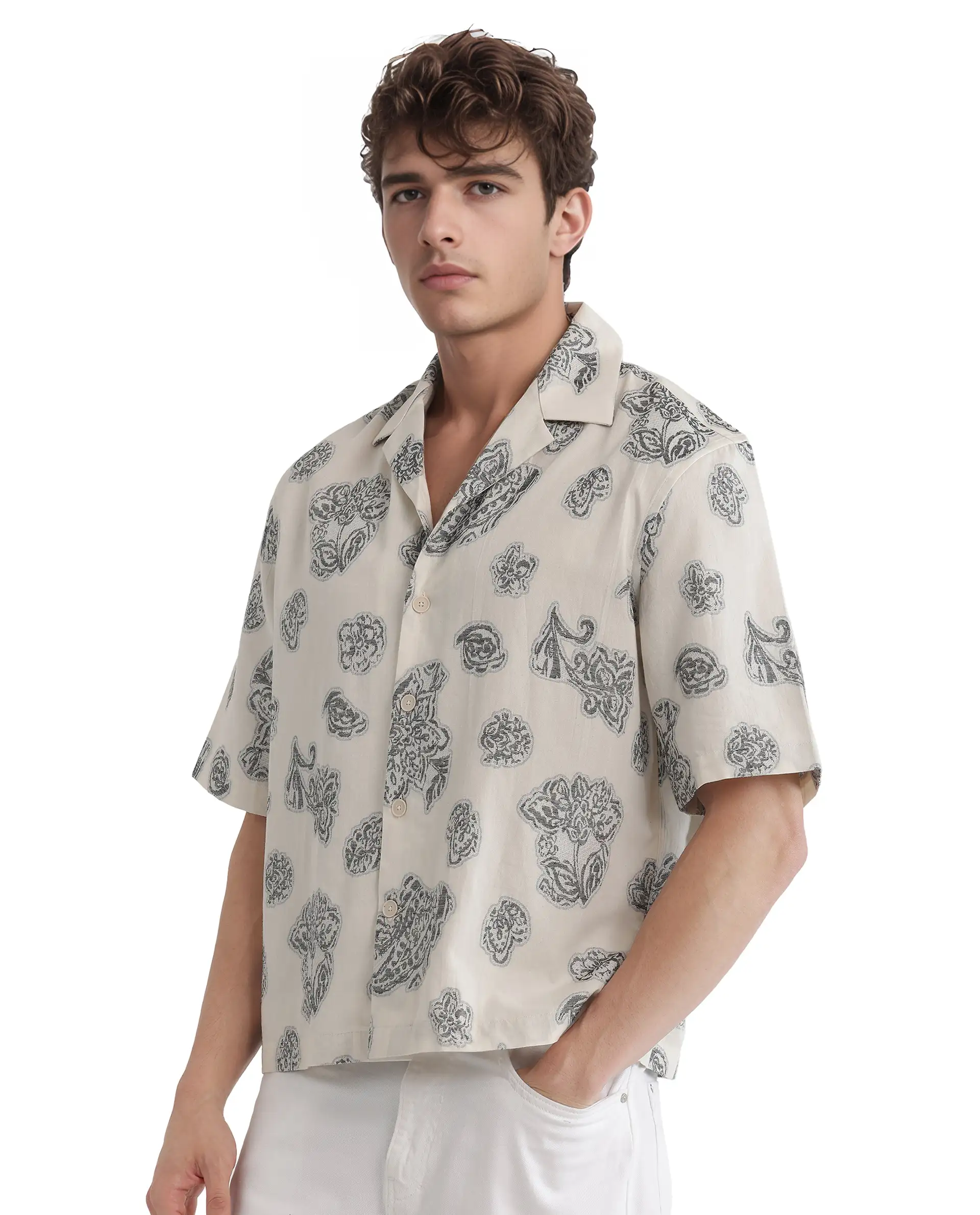 Rare Rabbit Men's Steve Black Cotton Blend Jacquard Boxy Fit Half Sleeve Cuban Collar Shirt - Image 7