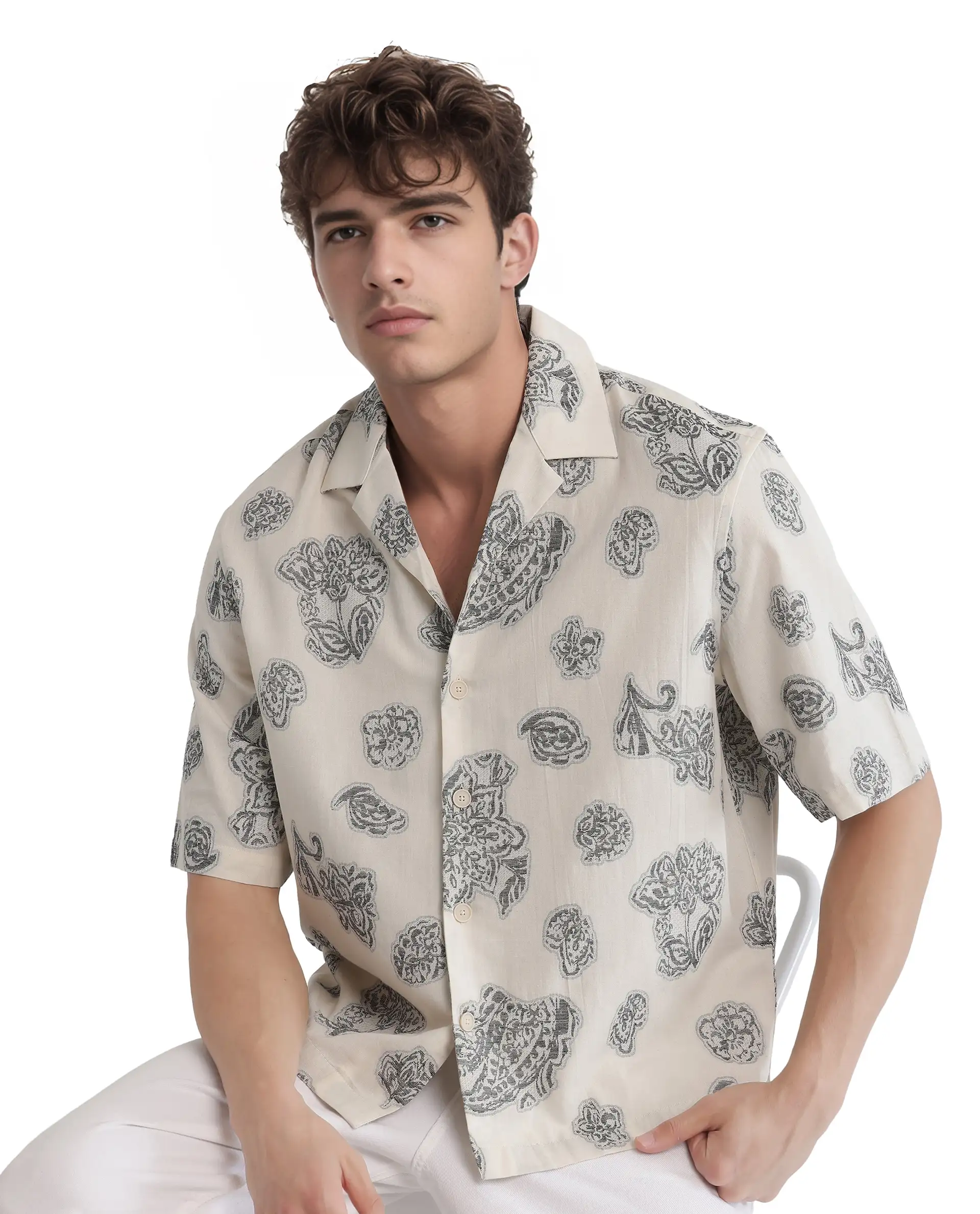 Rare Rabbit Men's Steve Black Cotton Blend Jacquard Boxy Fit Half Sleeve Cuban Collar Shirt - Image 8
