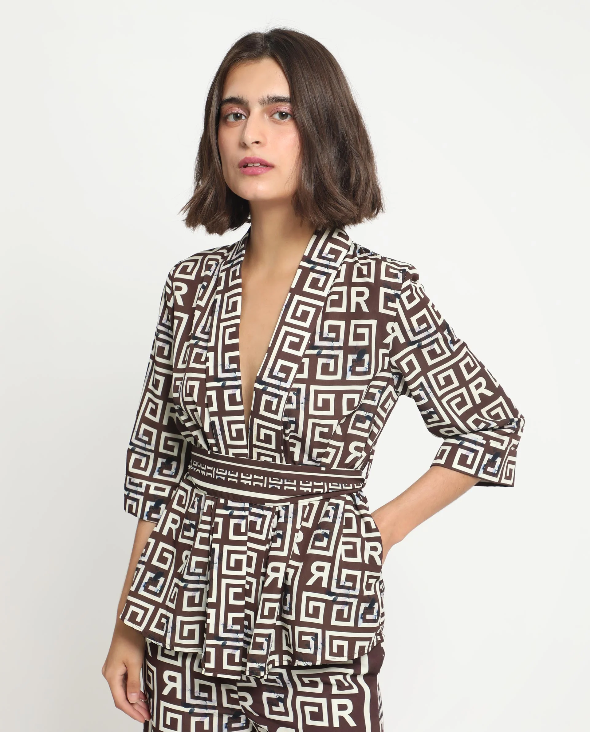 Rareism Women's Stevenson Brown Polyester Collarless Geometric Print Regular Fit Top