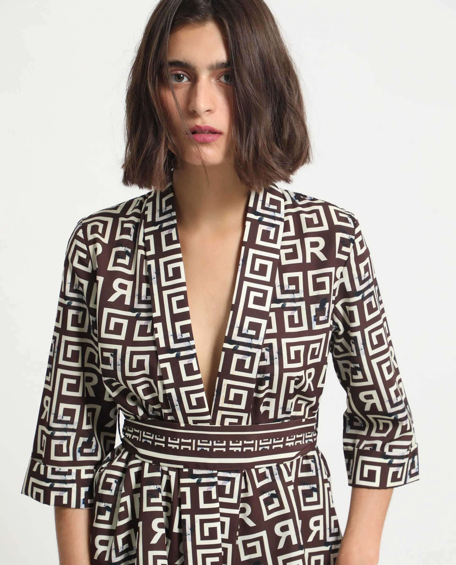 Rareism Women's Stevenson Brown Polyester Collarless Geometric Print Regular Fit Top - Image 2