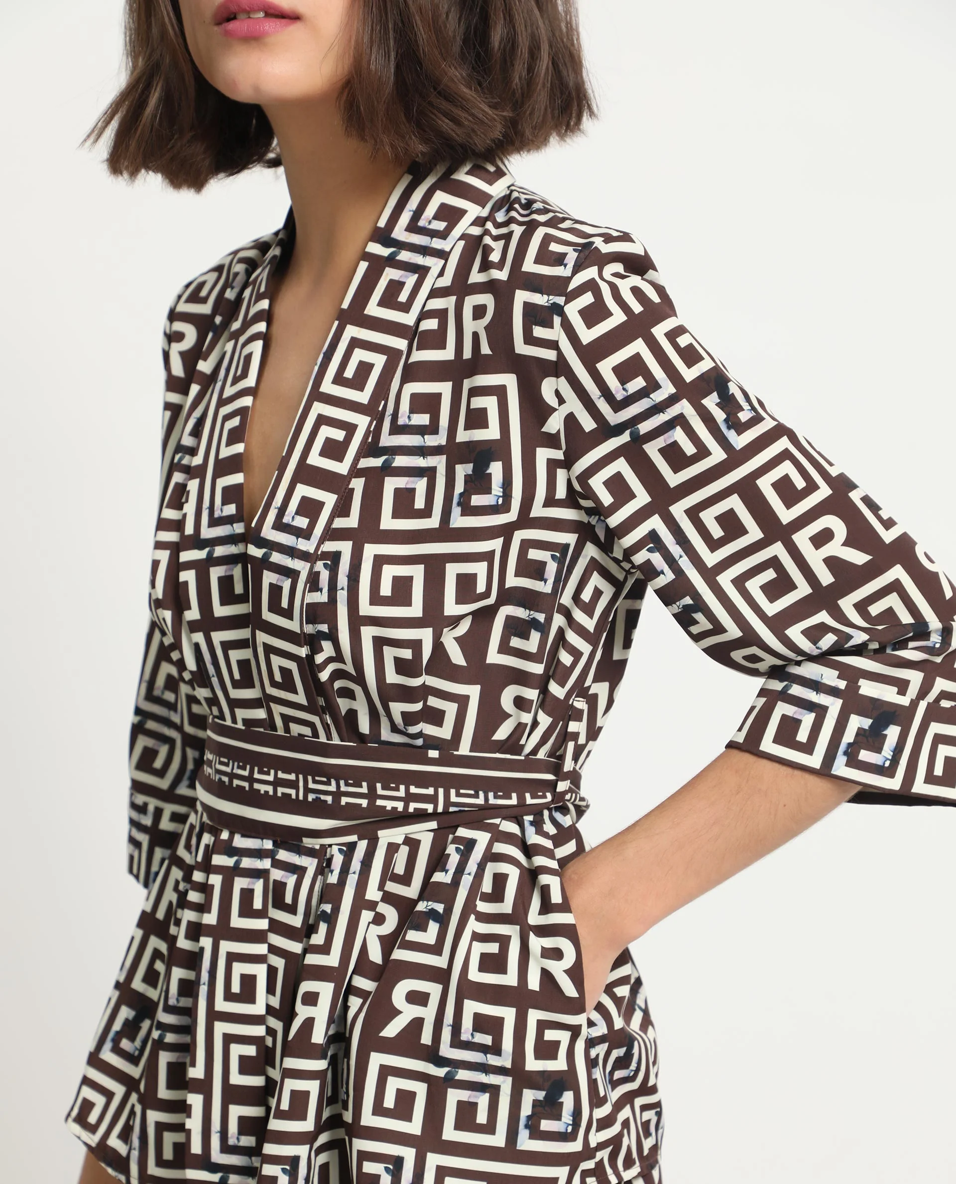 Rareism Women's Stevenson Brown Polyester Collarless Geometric Print Regular Fit Top - Image 4