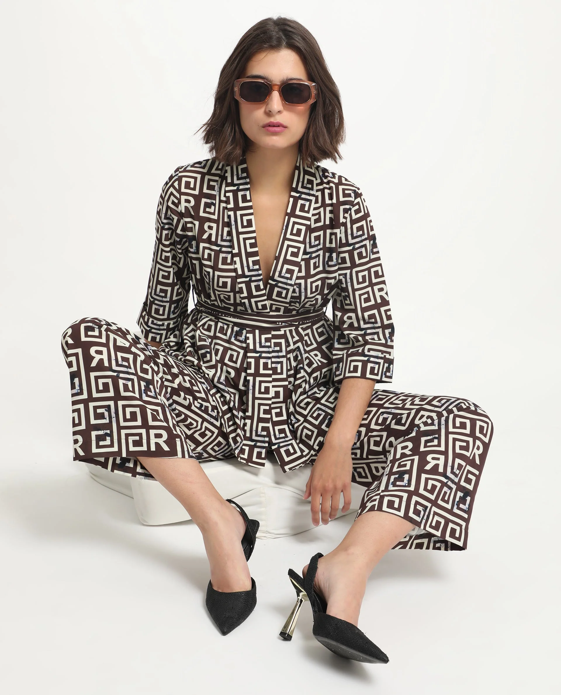 Rareism Women's Stevenson Brown Polyester Collarless Geometric Print Regular Fit Top - Image 5