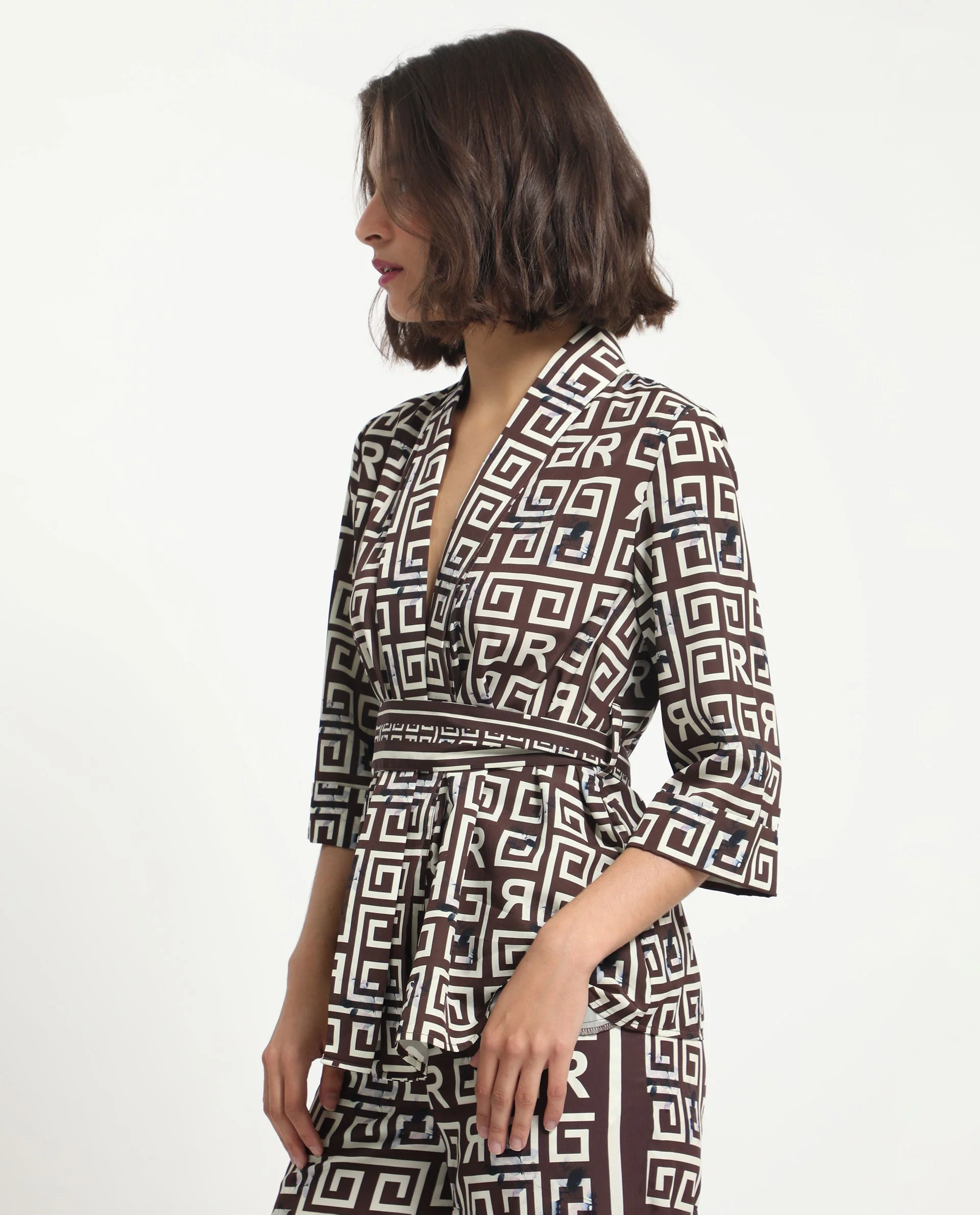 Rareism Women's Stevenson Brown Polyester Collarless Geometric Print Regular Fit Top - Image 6