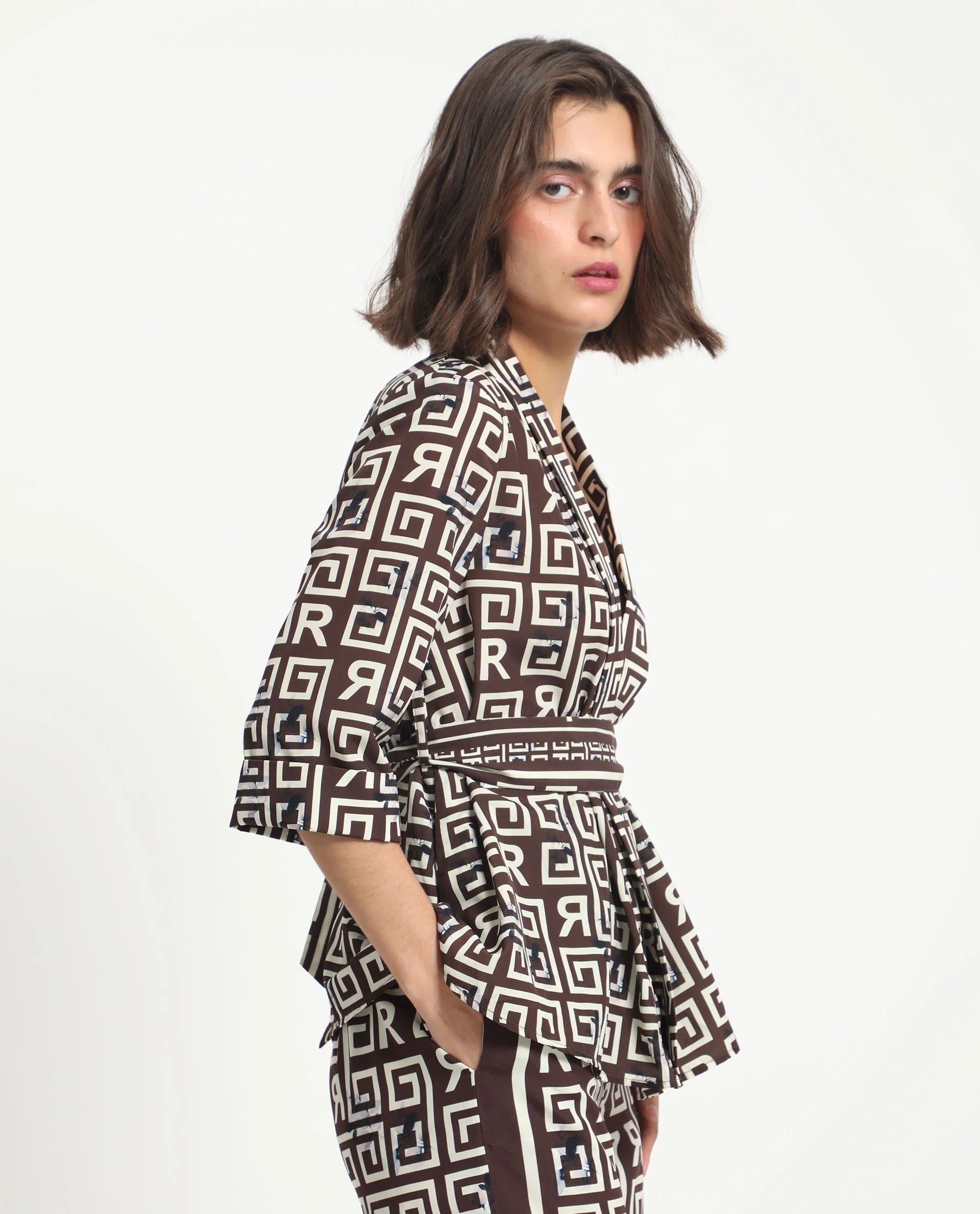 Rareism Women's Stevenson Brown Polyester Collarless Geometric Print Regular Fit Top - Image 7