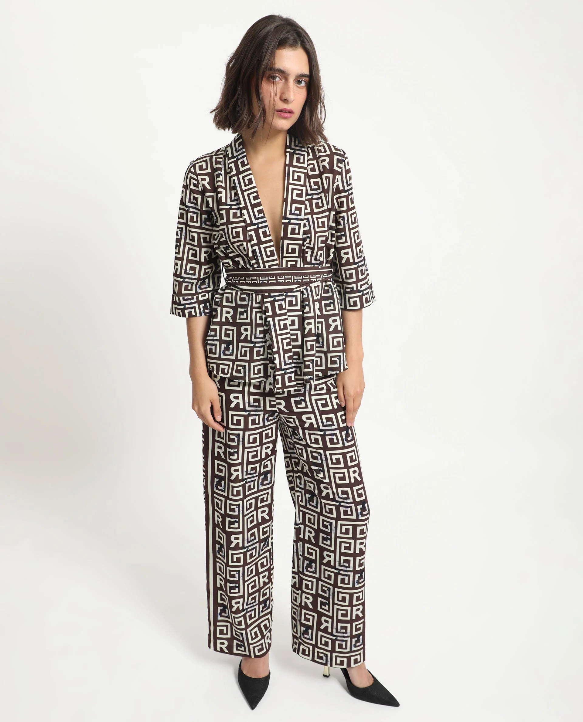 Rareism Women's Stevenson Brown Polyester Collarless Geometric Print Regular Fit Top - Image 8