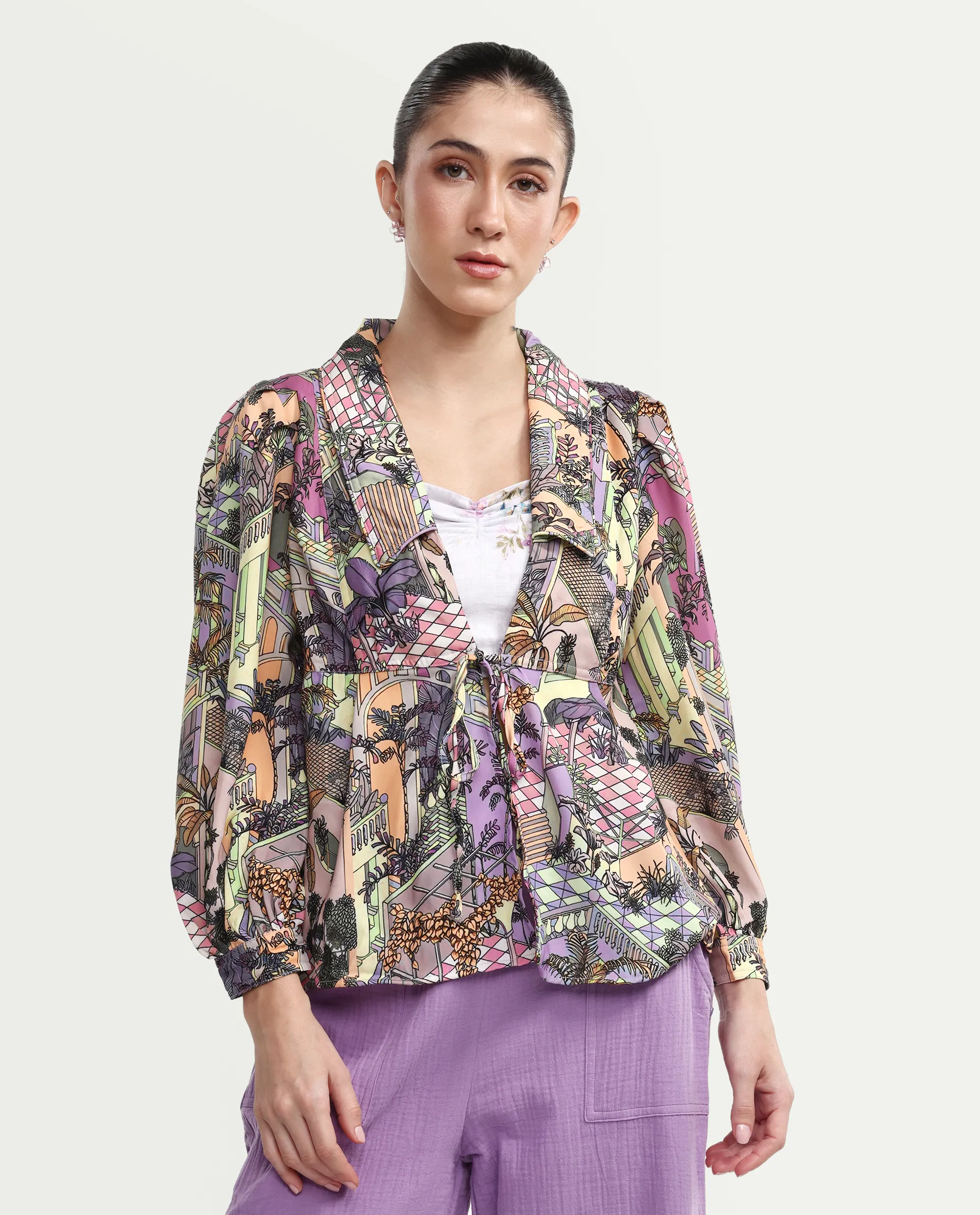 Rareism Women's Stevie-T Light Multi Polyester Lapel Neck Abstract Print Cuffed Sleeve Regular Fit Top - Image 3