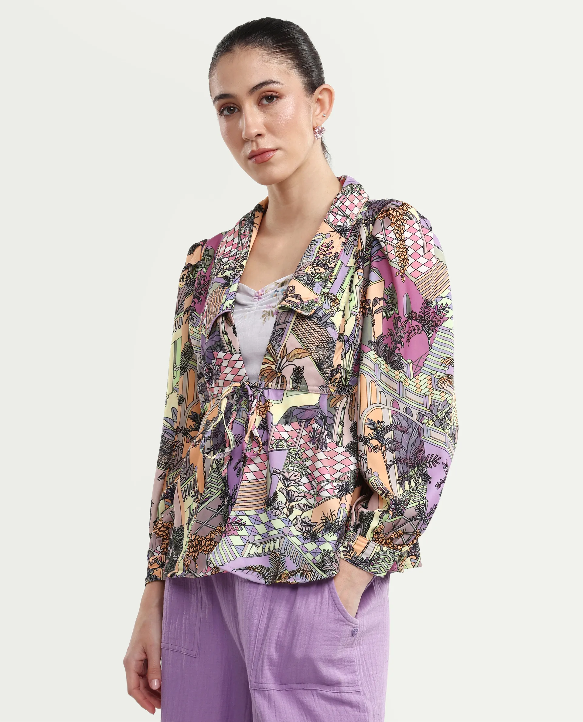 Rareism Women's Stevie-T Light Multi Polyester Lapel Neck Abstract Print Cuffed Sleeve Regular Fit Top - Image 5