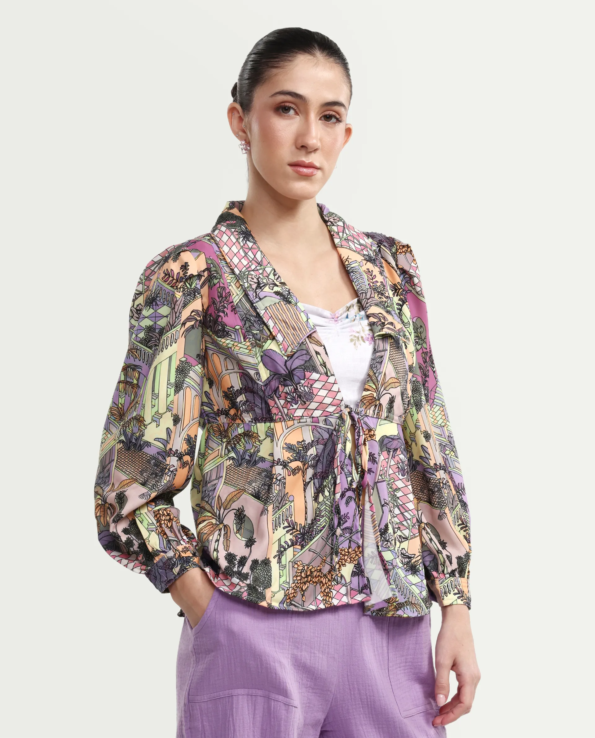 Rareism Women's Stevie-T Light Multi Polyester Lapel Neck Abstract Print Cuffed Sleeve Regular Fit Top - Image 6
