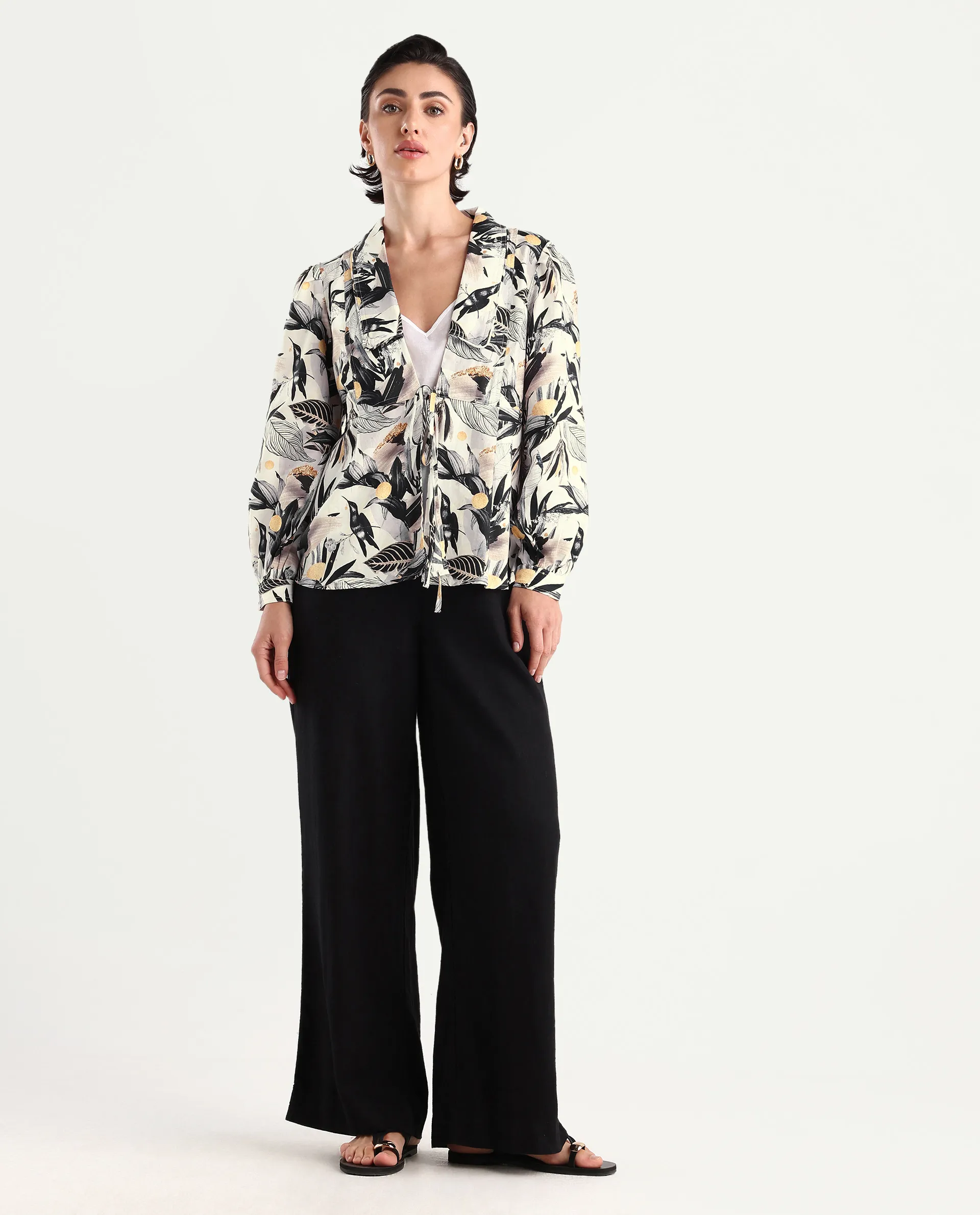 Rareism Women's Stevieo T Multi Cotton Blend Lapel Neck Tropical Print Cuffed Sleeve Regular Fit Top - Image 2