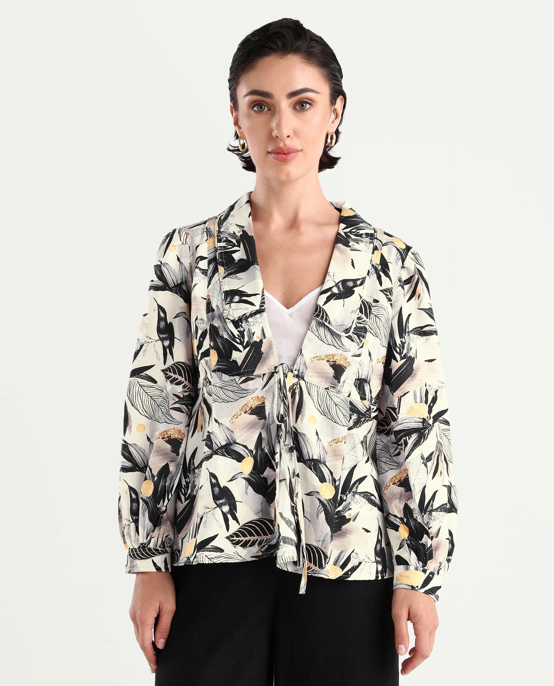 Rareism Women's Stevieo T Multi Cotton Blend Lapel Neck Tropical Print Cuffed Sleeve Regular Fit Top - Image 3