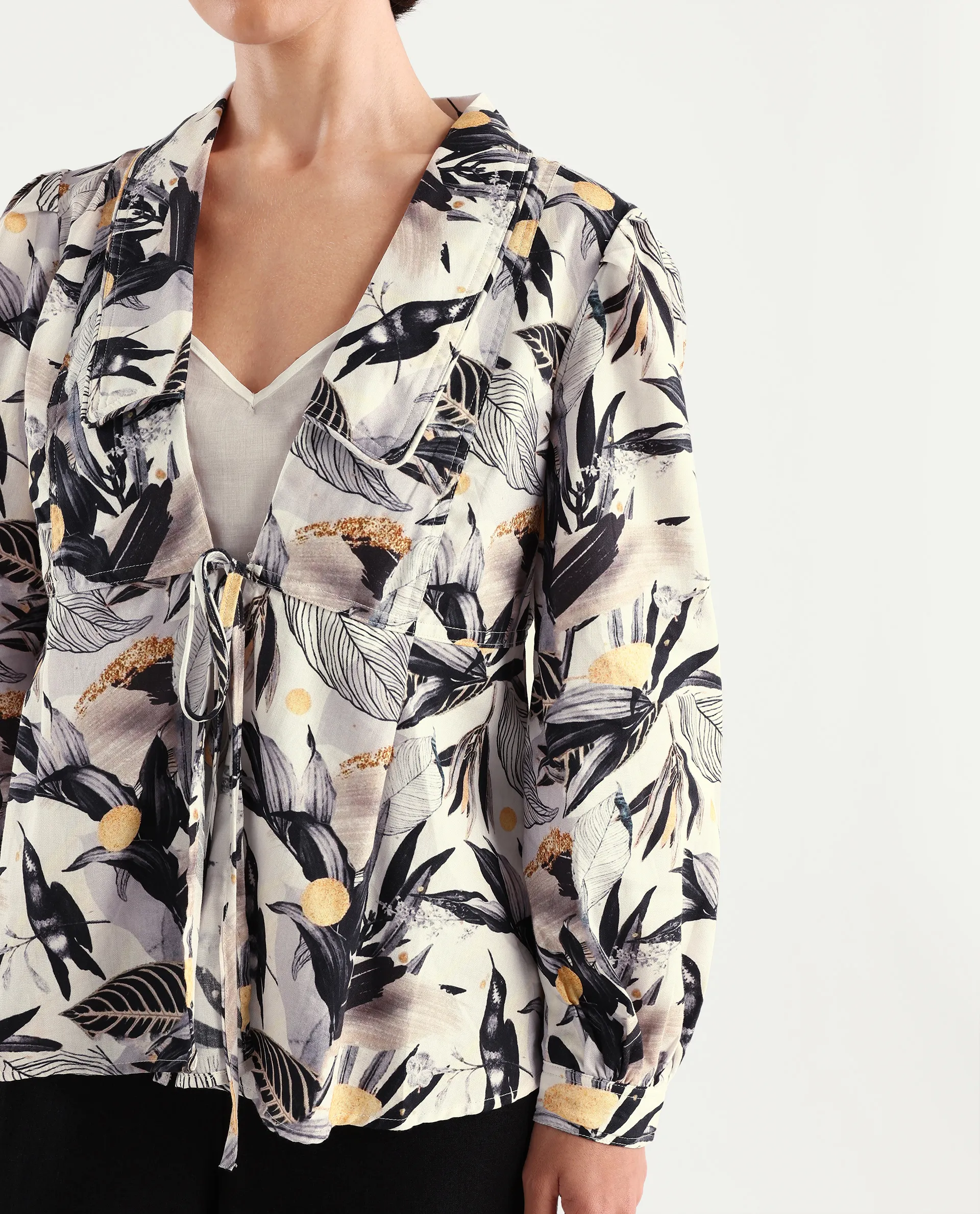 Rareism Women's Stevieo T Multi Cotton Blend Lapel Neck Tropical Print Cuffed Sleeve Regular Fit Top - Image 4