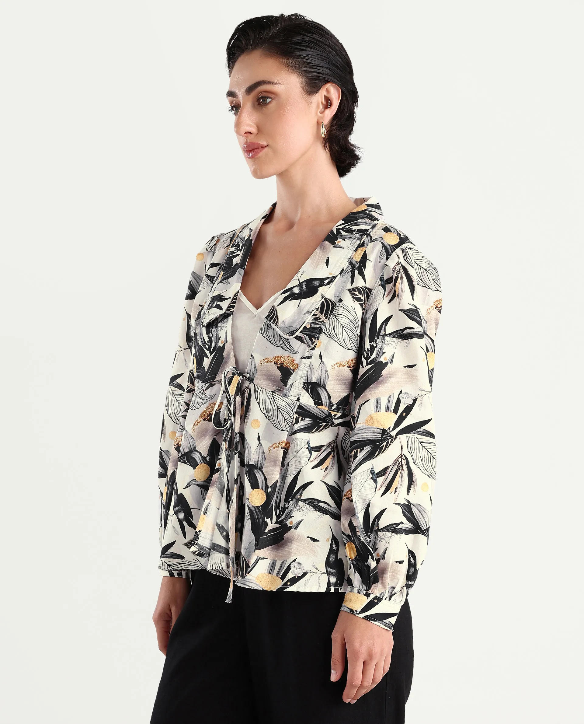 Rareism Women's Stevieo T Multi Cotton Blend Lapel Neck Tropical Print Cuffed Sleeve Regular Fit Top - Image 5