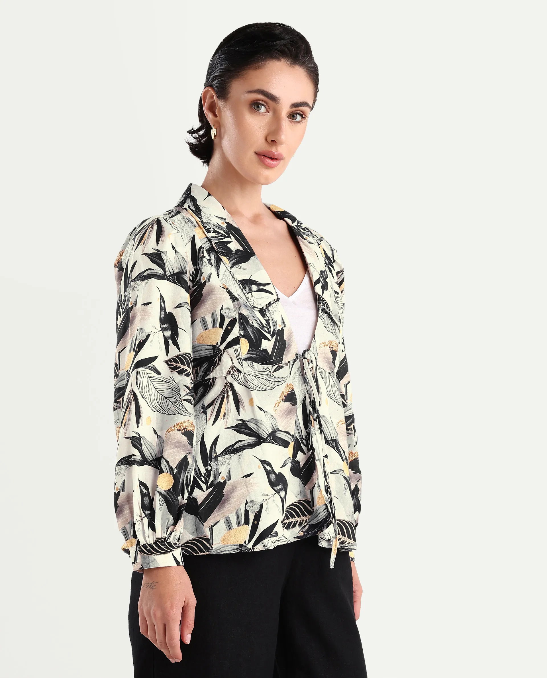 Rareism Women's Stevieo T Multi Cotton Blend Lapel Neck Tropical Print Cuffed Sleeve Regular Fit Top - Image 6