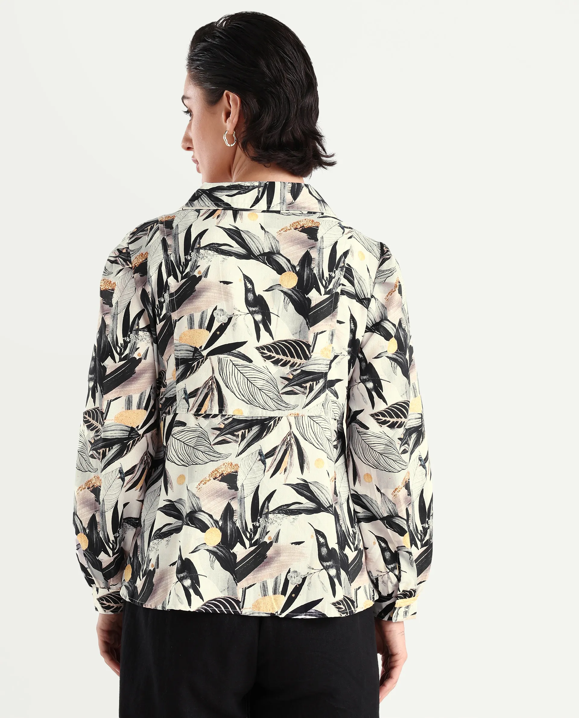 Rareism Women's Stevieo T Multi Cotton Blend Lapel Neck Tropical Print Cuffed Sleeve Regular Fit Top - Image 7