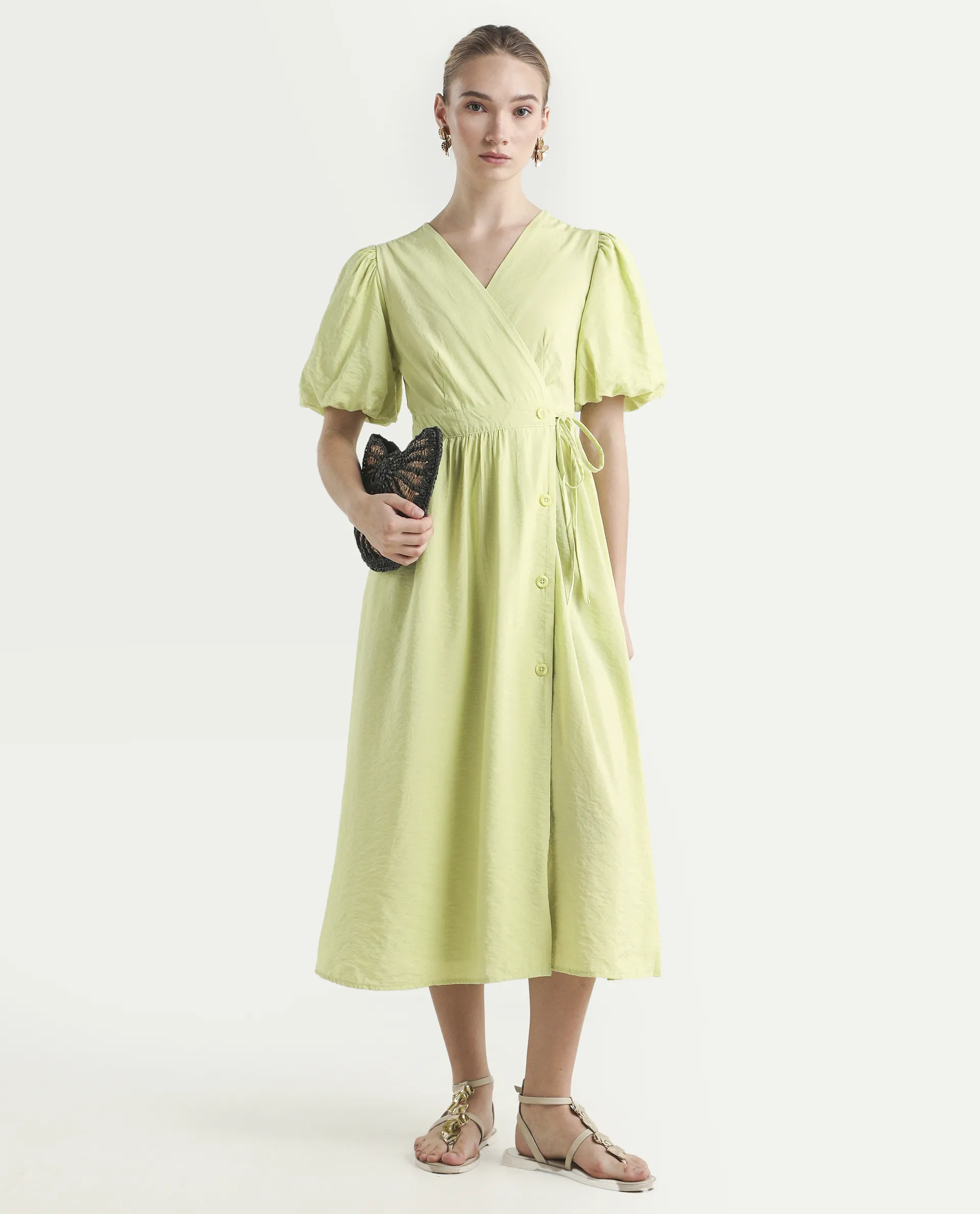 Rareism Women's Stewart Light Green Nylon Blend Overlap Neck Plain Balloon Sleeve Maxi Fit And Flare Dress - Image 2