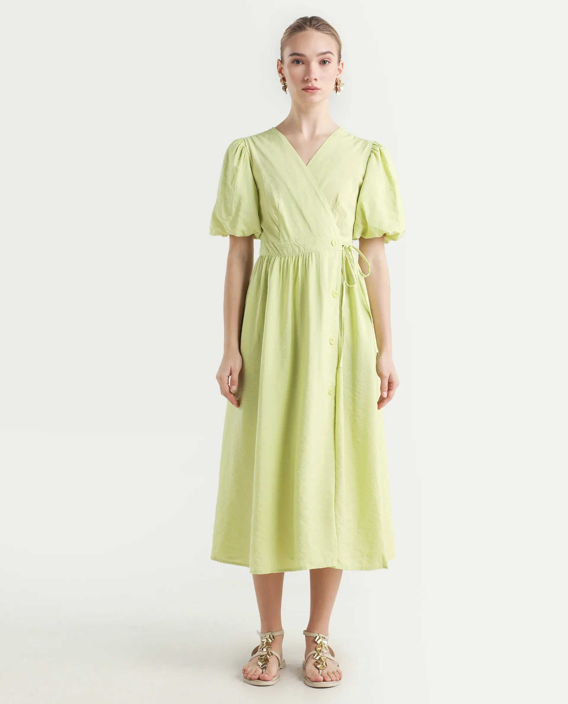 Rareism Women's Stewart Light Green Nylon Blend Overlap Neck Plain Balloon Sleeve Maxi Fit And Flare Dress - Image 3