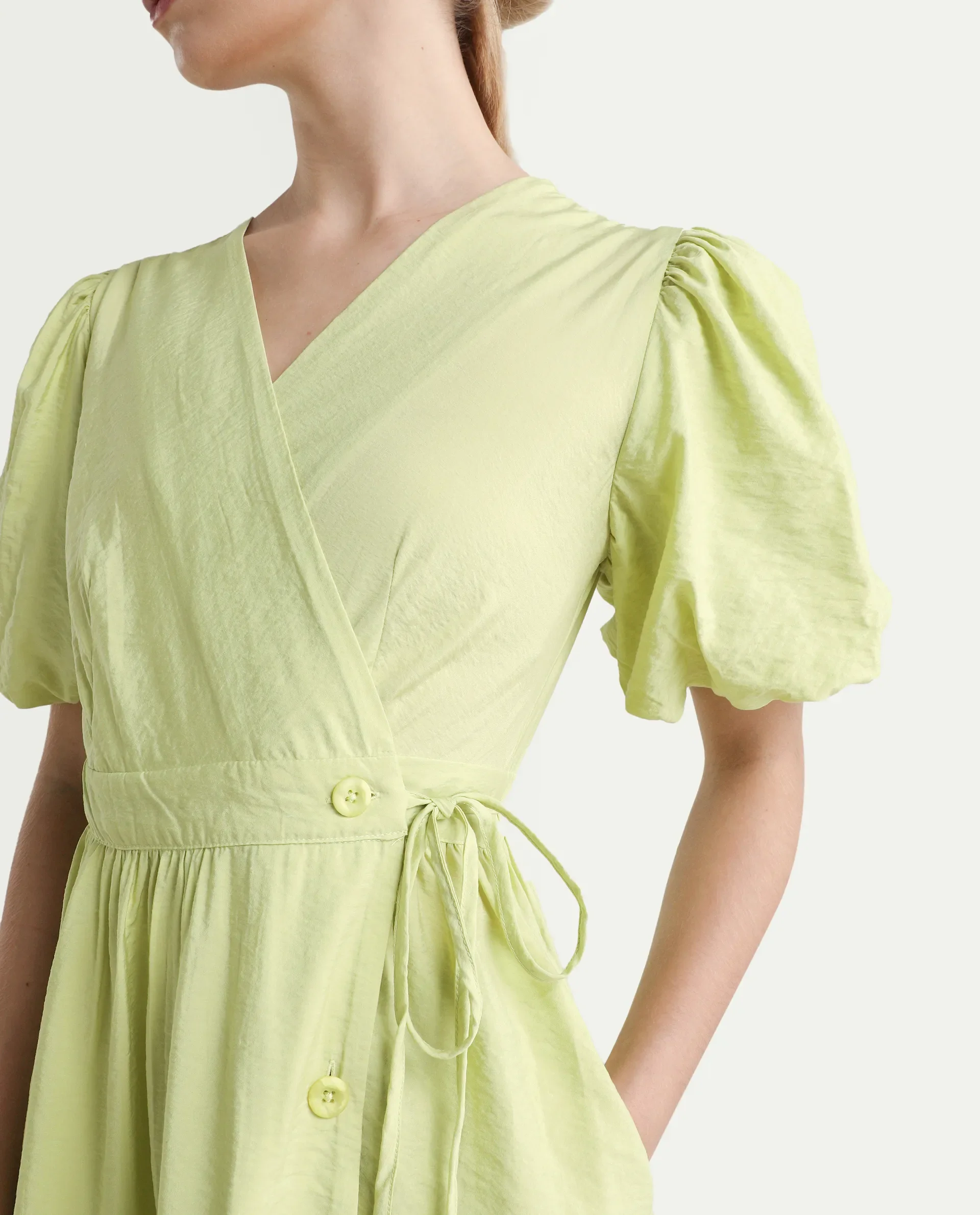 Rareism Women's Stewart Light Green Nylon Blend Overlap Neck Plain Balloon Sleeve Maxi Fit And Flare Dress - Image 4