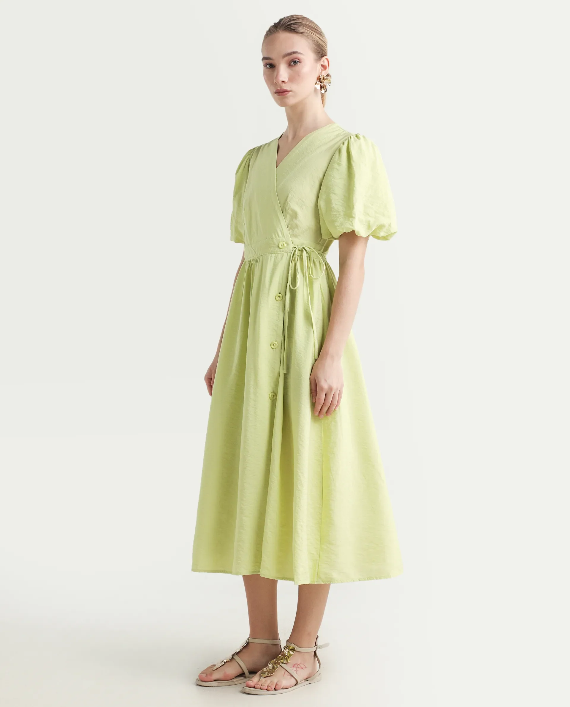 Rareism Women's Stewart Light Green Nylon Blend Overlap Neck Plain Balloon Sleeve Maxi Fit And Flare Dress - Image 5