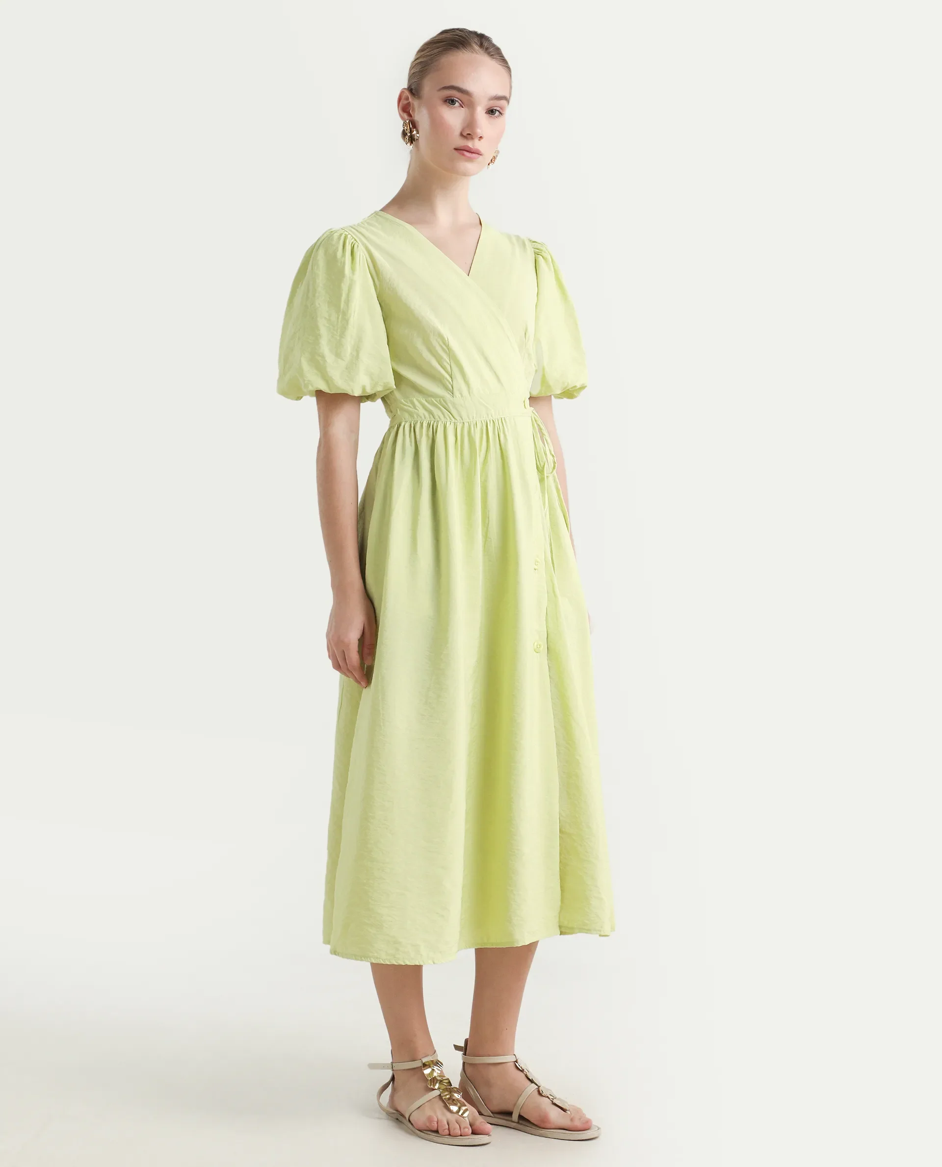 Rareism Women's Stewart Light Green Nylon Blend Overlap Neck Plain Balloon Sleeve Maxi Fit And Flare Dress - Image 6