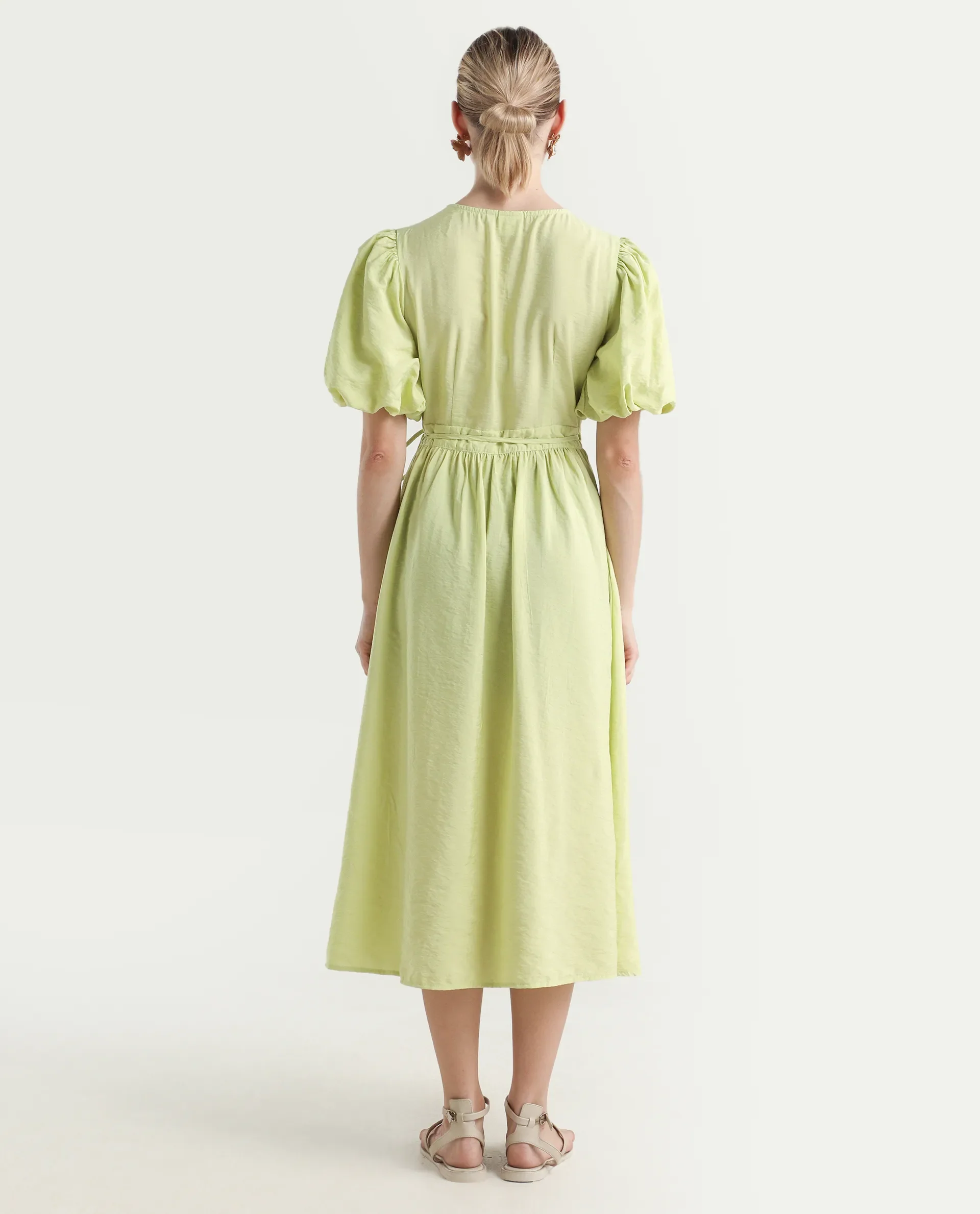 Rareism Women's Stewart Light Green Nylon Blend Overlap Neck Plain Balloon Sleeve Maxi Fit And Flare Dress - Image 7