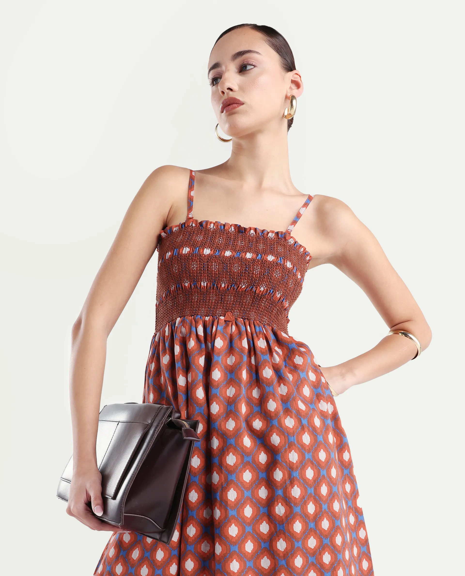 Rareism Women's Stewart Multi Cotton Shoulder Strap Geometric Print Shoulder Strap Midi Fit And Flare Dress
