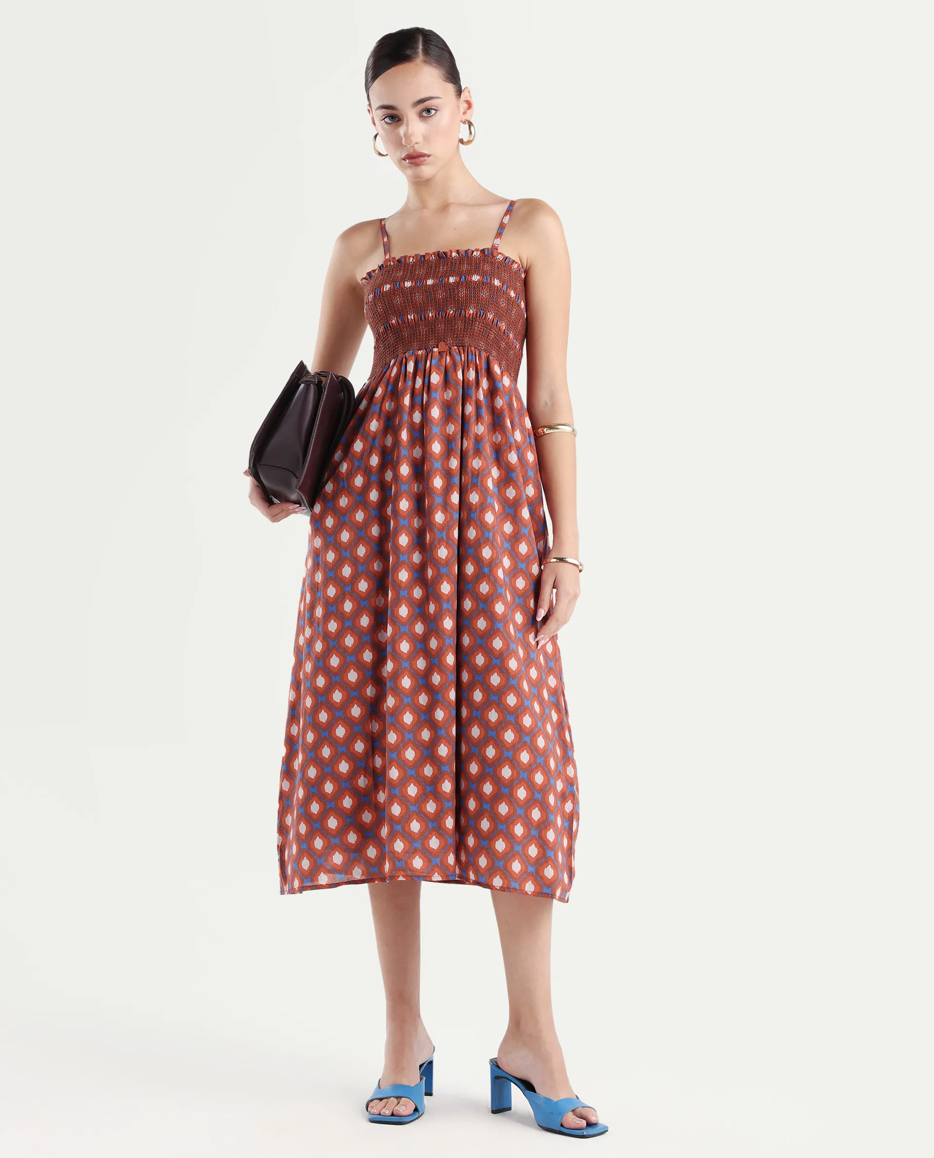 Rareism Women's Stewart Multi Cotton Shoulder Strap Geometric Print Shoulder Strap Midi Fit And Flare Dress - Image 2