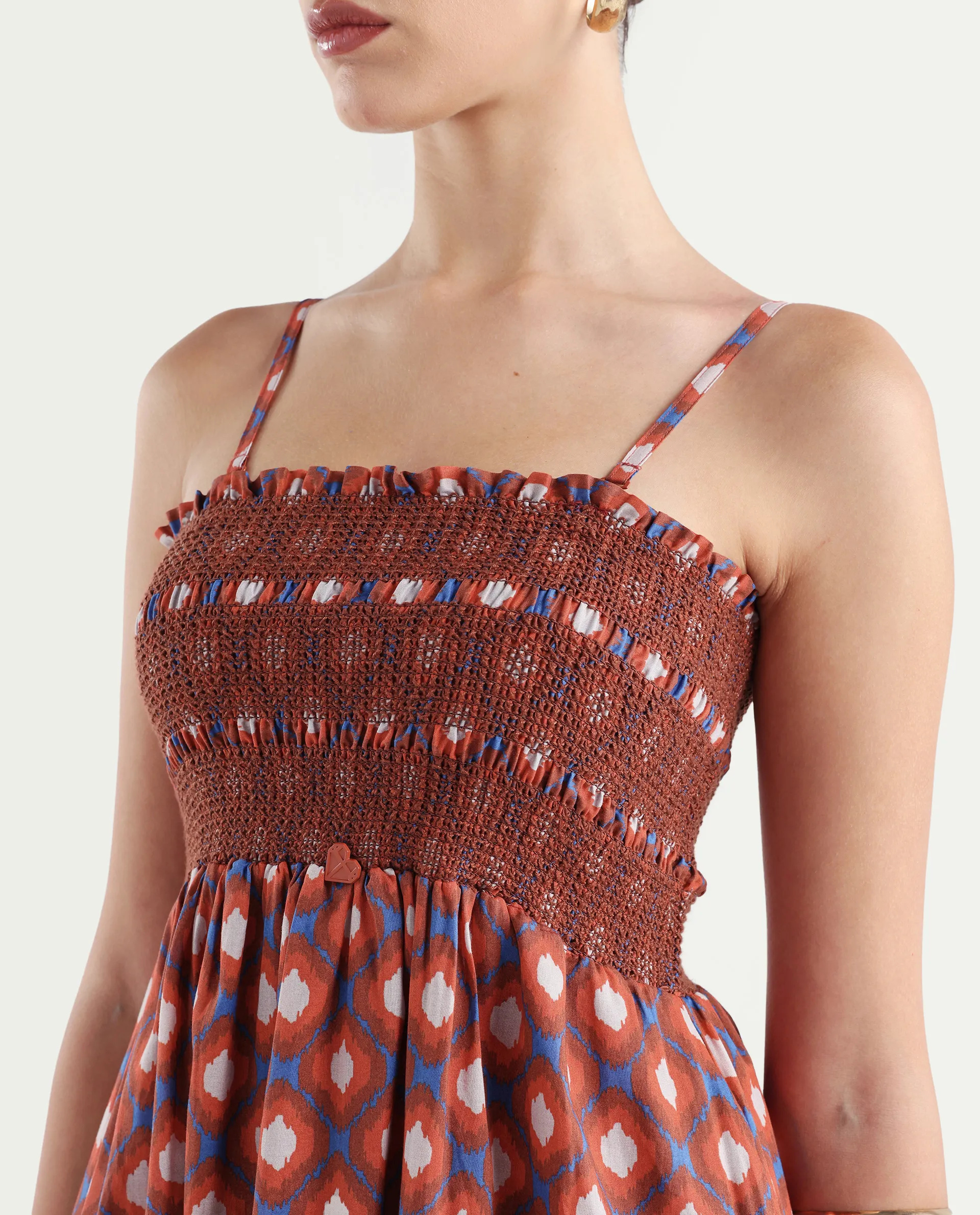 Rareism Women's Stewart Multi Cotton Shoulder Strap Geometric Print Shoulder Strap Midi Fit And Flare Dress - Image 3