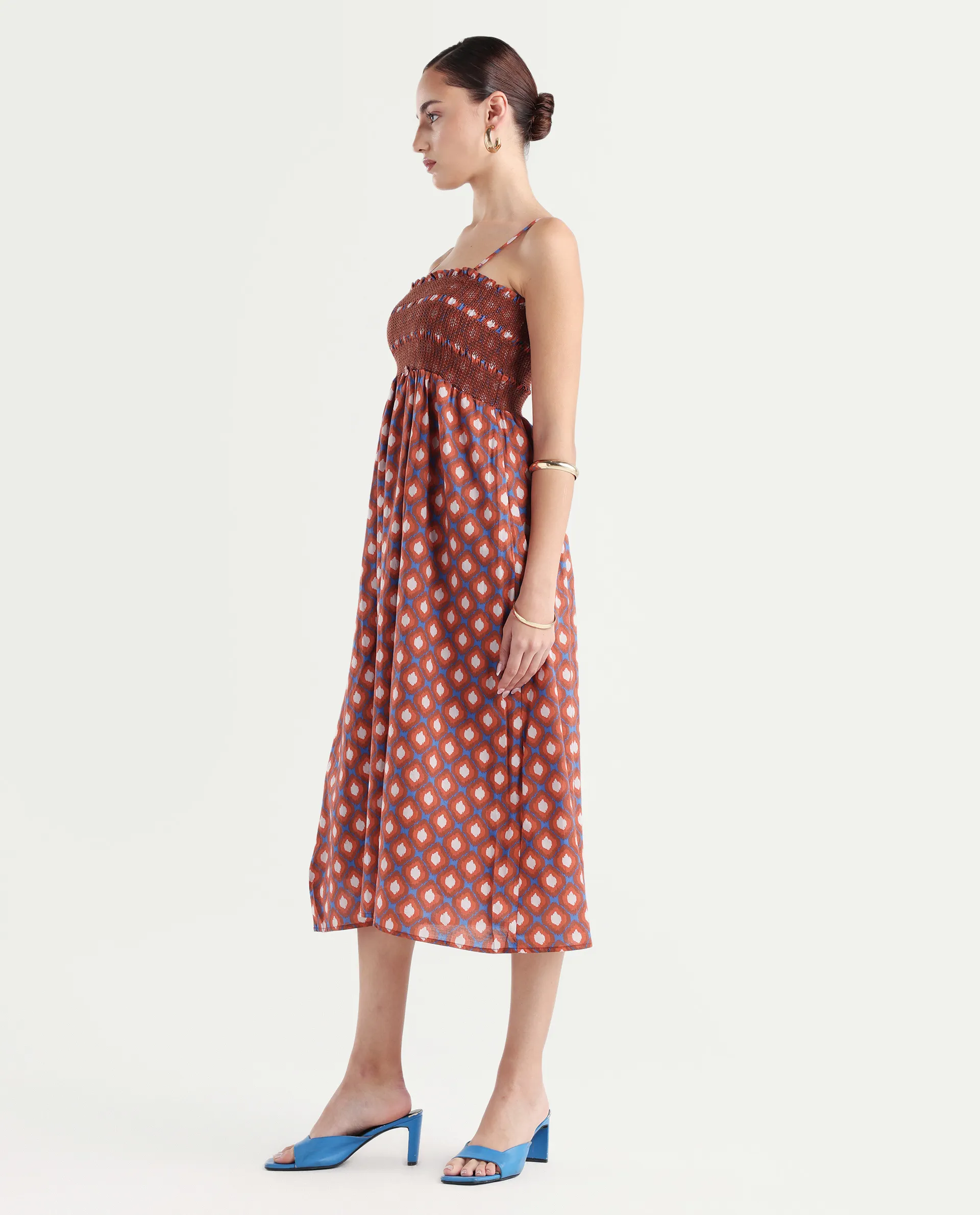 Rareism Women's Stewart Multi Cotton Shoulder Strap Geometric Print Shoulder Strap Midi Fit And Flare Dress - Image 4